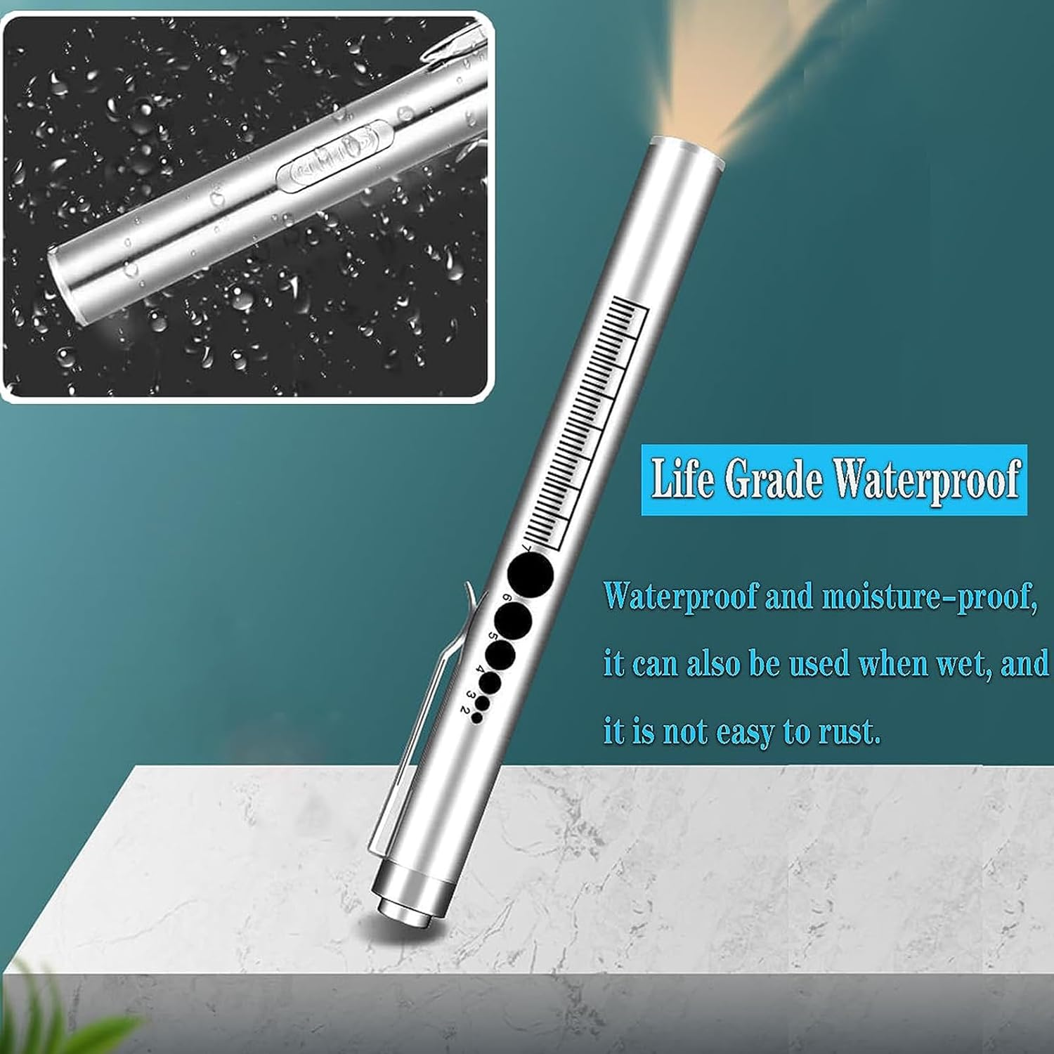 YUENTOEN Pen Light, LED Pupil Gauge Penlight with 2 Light LED Sources, USB Rechargeable Mini Penlight for Gifts Home Camping Outdoor(Silver) image number 2