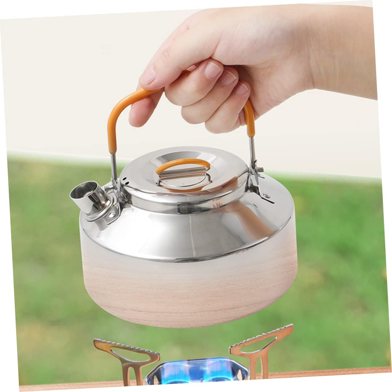 Kisangel Stainless Steel Tea Kettle 0.8L Outdoor Water Kettle Camping Pot Whistling Teapot Portable Lightweight Mirror Finish for Hiking and Travel image number 5