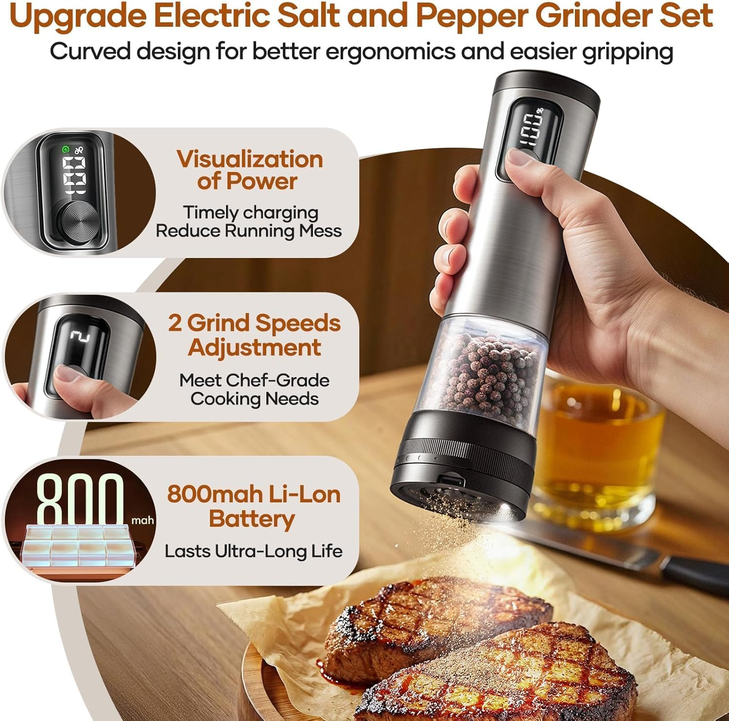 Salt and Pepper Grinder Set, Electric Ceramic Grinder Automatic Pepper Mills with Battery Display Rechargeable Base, Salt Shakers with 5 Level Adjustable Coarseness for Modern Kitchen(Stainless Steel) - Silver image number 4