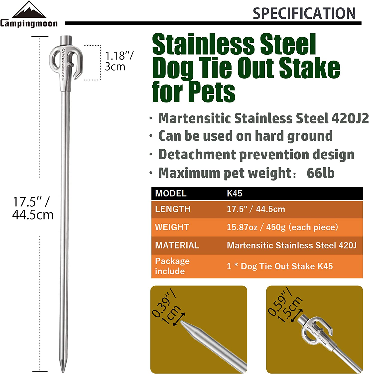 Camping Moon CAMPINGMOON Stainless Steel Dog Tie Out Stake for Pets Outdoors 17-Inch K45 image number 3