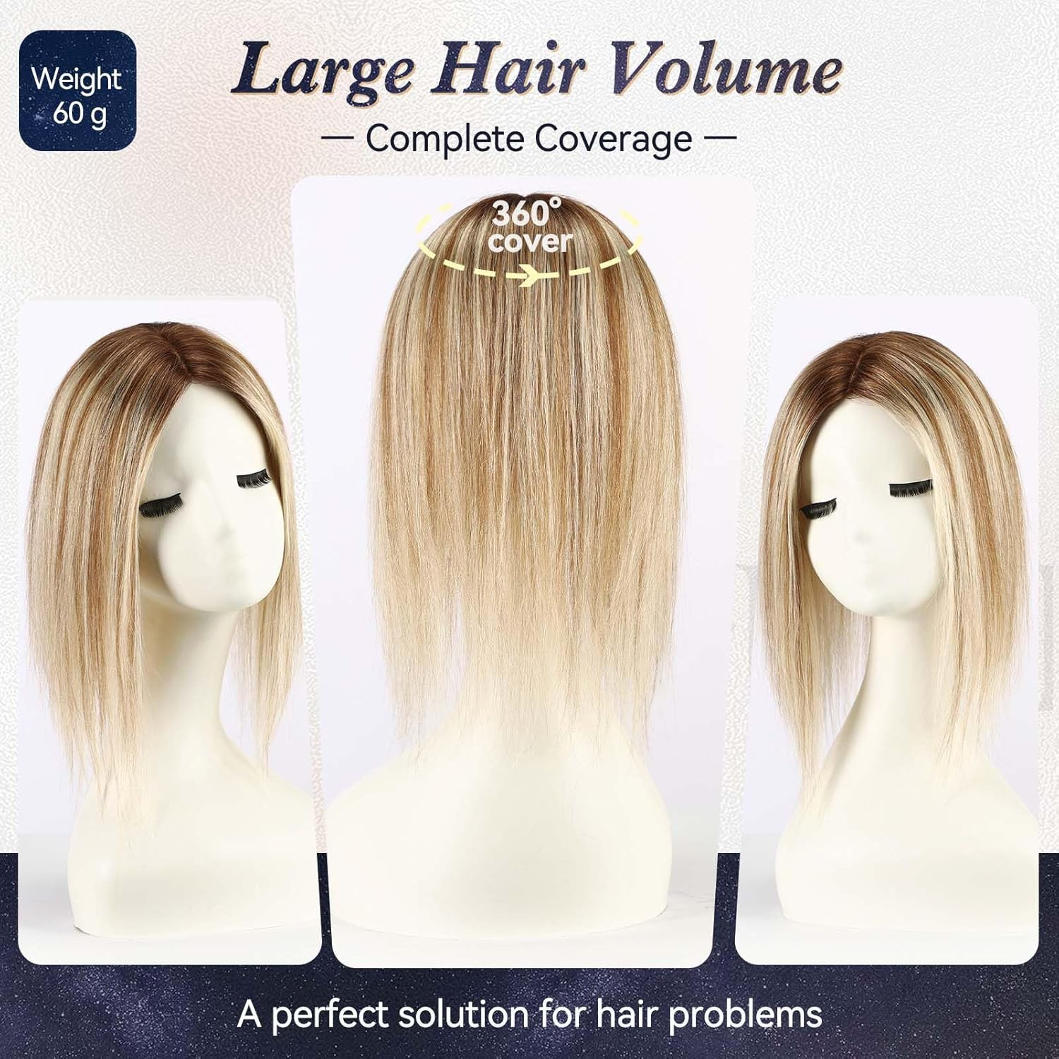 5X5 Inch Lage Silk Base 14 Inch Real Human Hair Toppers, 60G, 100% Real Hair Toppers for Women with Hair Loss (Brown Blonde Mixed with Dark Brown Roots, No Bangs) image number 4