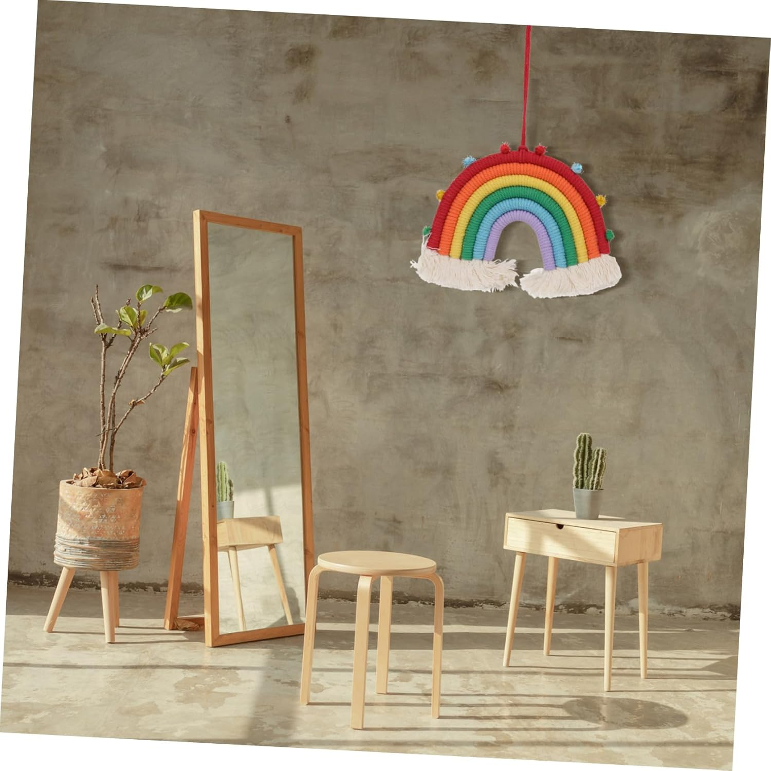 Ciieeo Colorful Rainbow Wall Hanging Tapestry Handmade Decorative Pendant Woven Craft for Baby Room Decor Red Color Ball image number 4