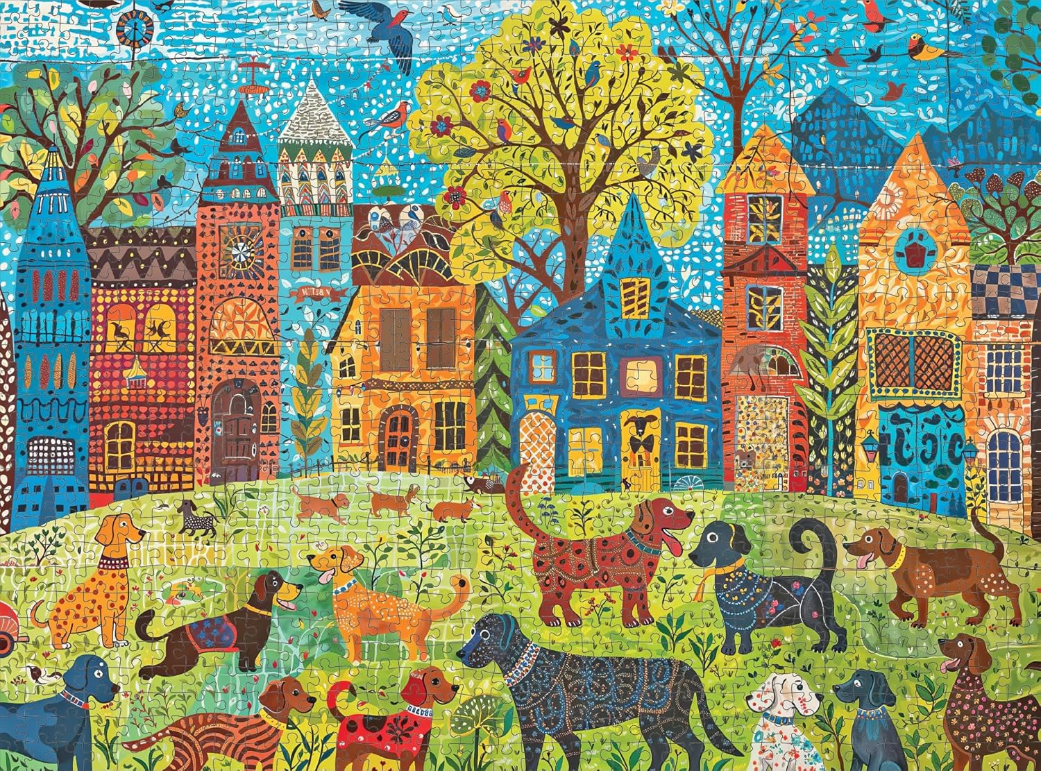 Cross & Glory &ndash; Colourful Canines: a Dog Park Day &ndash; 1000-Piece Folk Art Style Jigsaw Puzzle for Adults | Vibrant City Scene with Playful Pups | Perfect for Dog Lovers - Rainbow image number 7