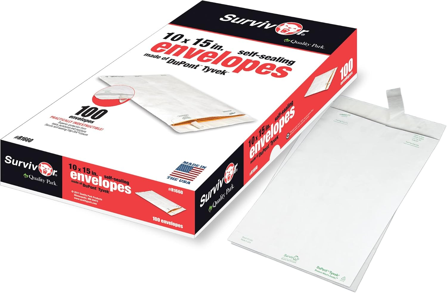 Quality Park QUAR1660 Survivor 10 X 15 Tyvek Catalog Mailer with Self Sealing Closure, 14 Lb Puncture, Tear and Moisture Resistant Dupont Tyvek Envelopes, 100 per Box (R1660),White