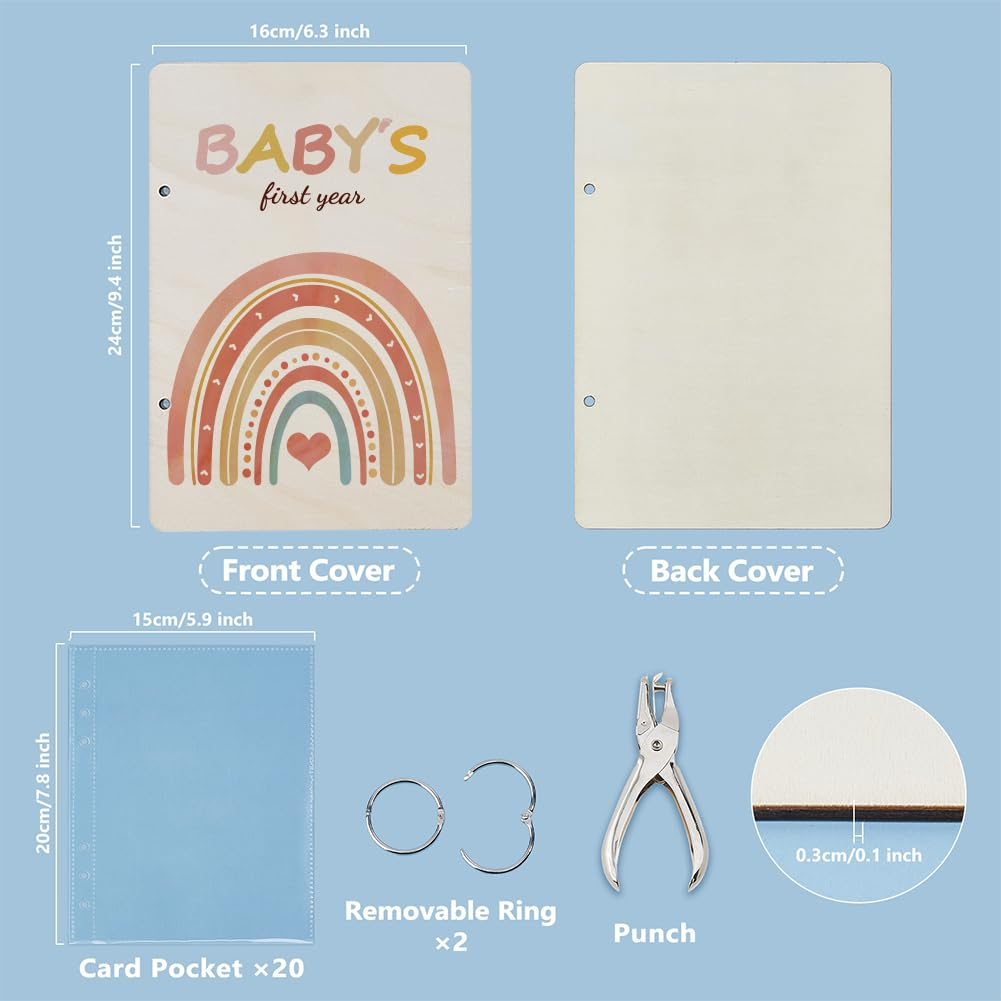 SUPERDANT Bohemian Rainbow Greeting Card Organizer Set Baby&lsquo;S First Year Wooden Wonderful Memories Card Keeper Binder Suit Holder Book with 2-Ring 20 Inner Pocket and Punch for Baby Shower 24X16Cm image number 4