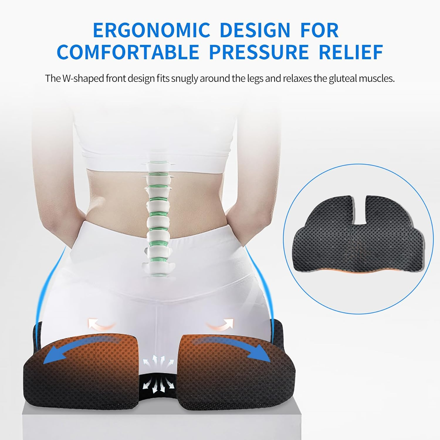 Memory Seat Cushion for Office Chair Pressure Relief Sciatica & Tailbone Pain Relief Memory Foam Firm Coccyx Pad for Long Sitting, for Office Chair, Car Seat，Washable Cover (Black Mesh) - Black image number 3