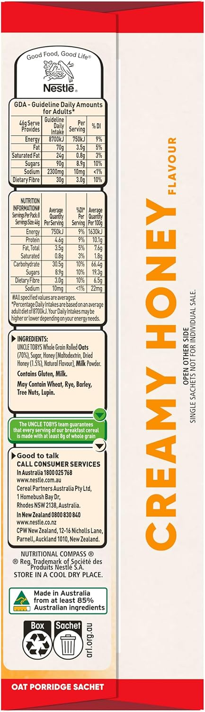 UNCLE TOBYS Oats Quick Sachets Honey, Big Bowl 30 Percent Extra, 8 Sachets image number 3