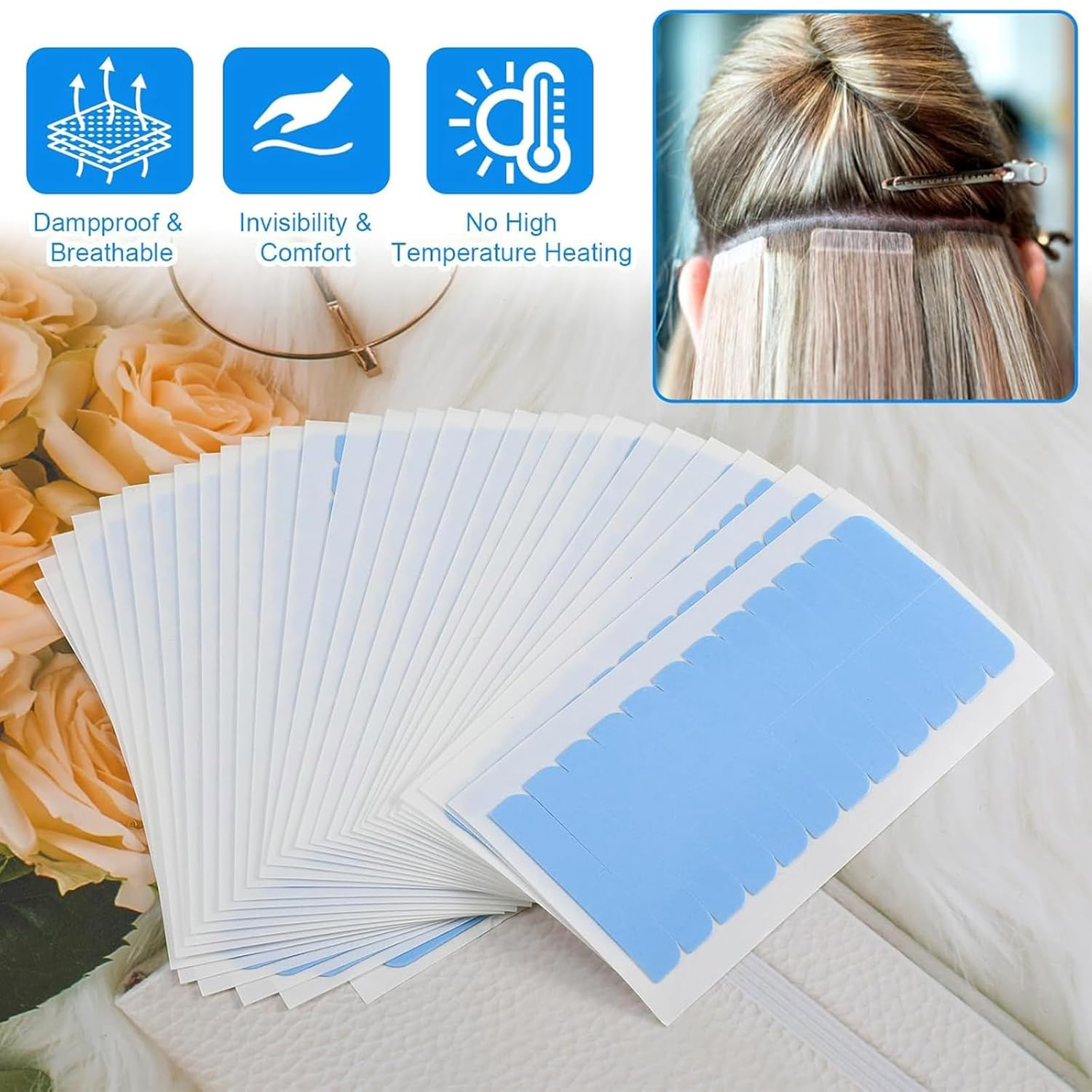Kzvsiy 10 Sheets/120 Pieces Hair Extension Tape Tabs, Double-Sided Adhesive Replacement Tape for Human Hair Extensions and Wigs, High-Adhesion Transparent Tape for Hair Wefts and Beauty Tools (Blue) image number 1