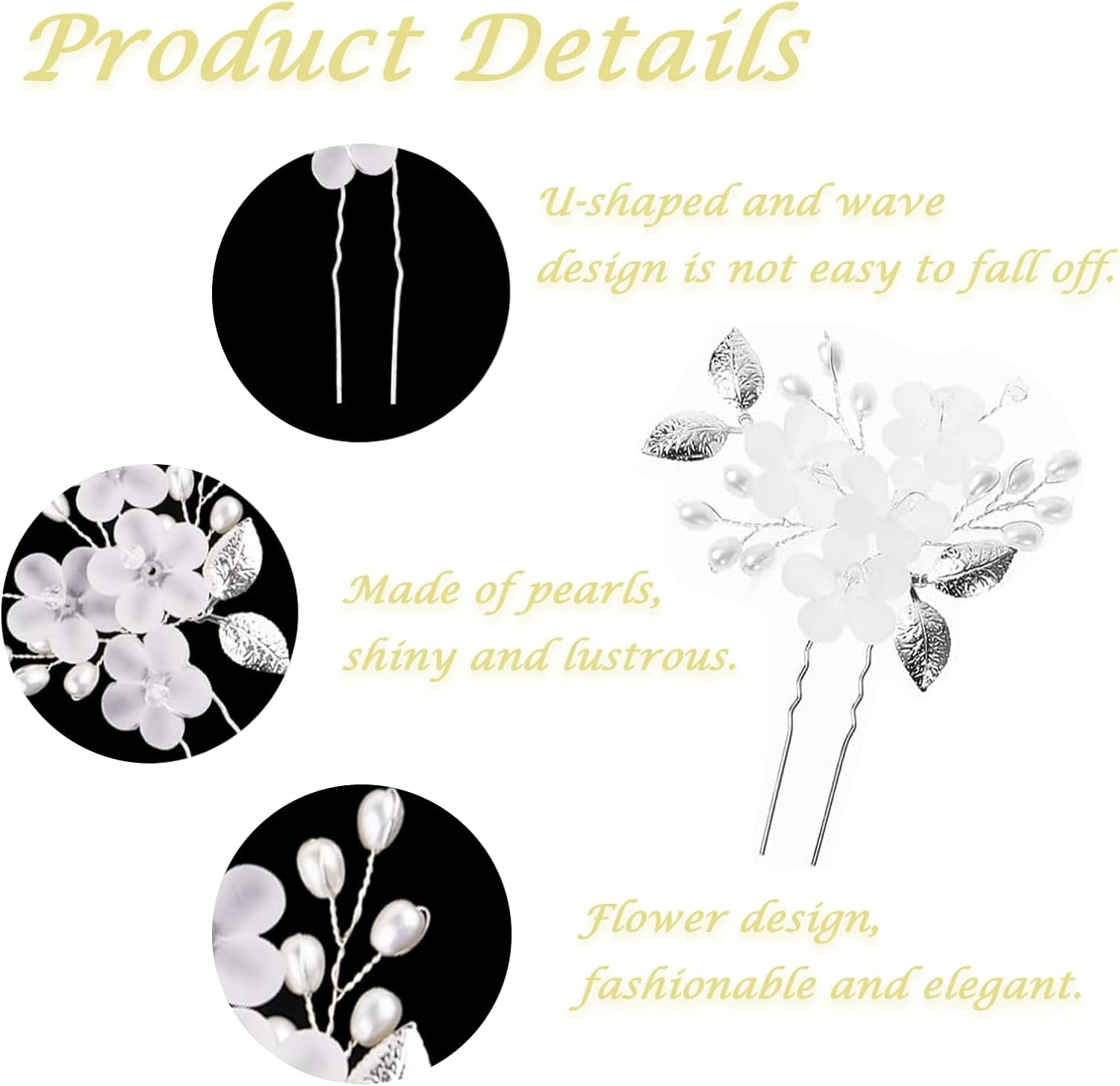 Bridal Wedding Flower Hair Pins Xlwen Pack of 5 Bridal Hair Accessories, U-Shaped Bridal Pearls Hair Pins, Hair Accessories, Wedding Set for Bride and Bridesmaid (Silver) image number 4