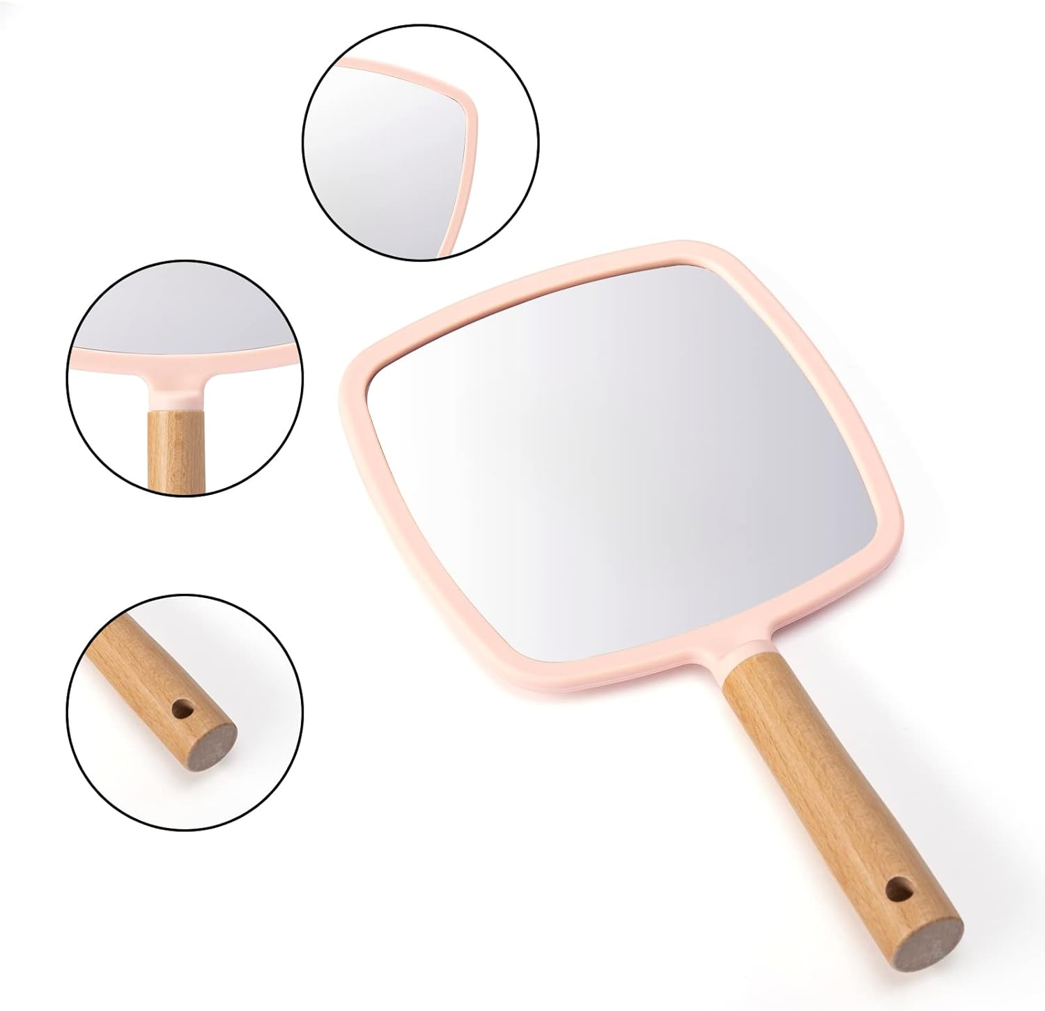 YEAKE Hand Held Mirror with Handle for Makeup,Small Cute Wood Hand Mirror for Shaving with Hole Hanging Single-Sided Portable Travel Vanity Mirror for Men&Women(Square,Pink,1Pack) image number 3