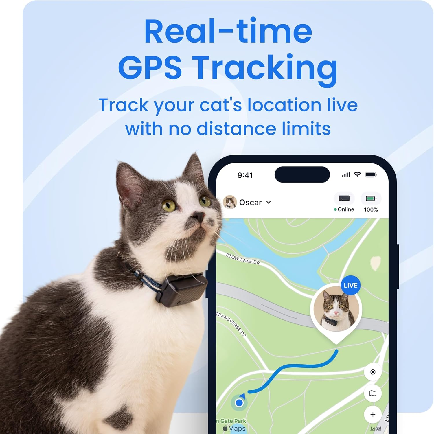 Tractive Smart Cat GPS Tracker | Real-Time Location & Wellness Monitoring for Cats 6.5 Lbs+ | Territory & Location History | up to 5-Day Battery | Breakaway Collar Included (Dark Blue)