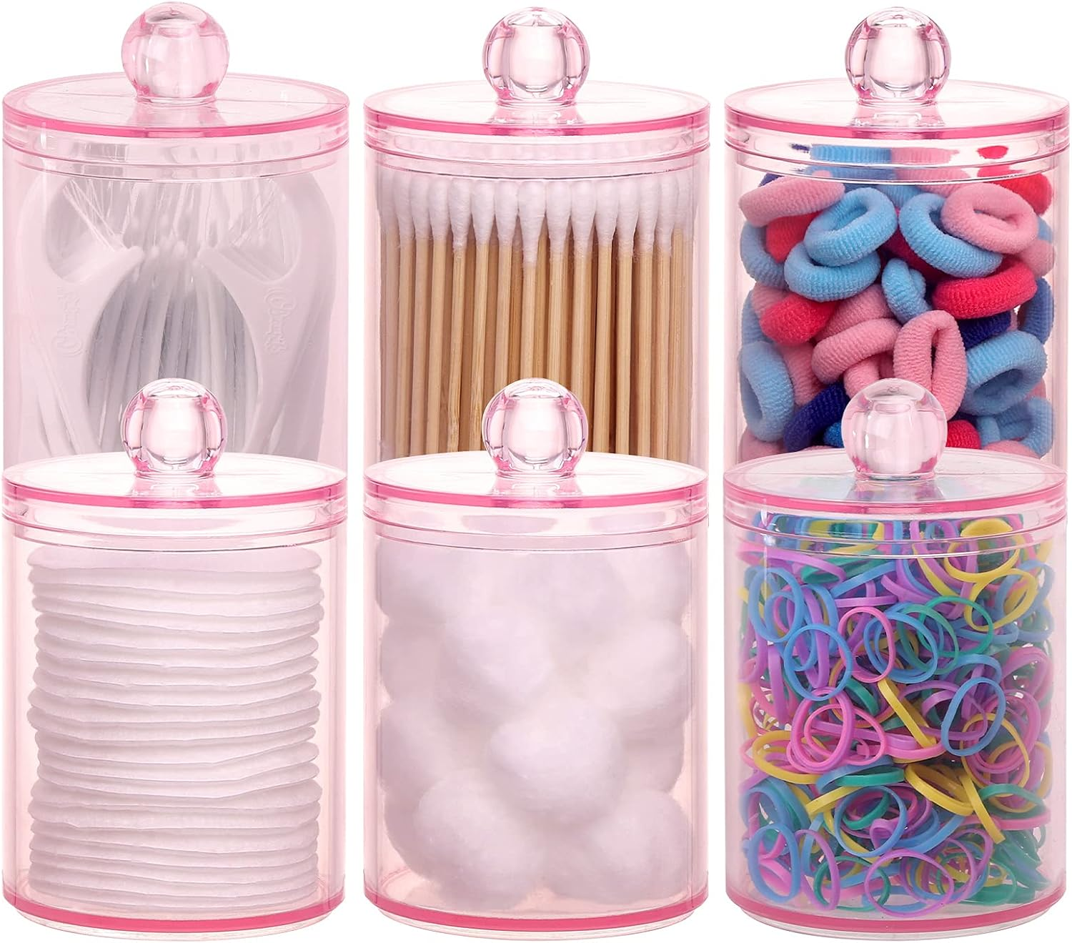 Tbestmax 6 Pack Qtip Holder - 12 Oz, 10 Oz Bathroom Organizer and Storage Containers, Plastic Apothecary Jars with Lids for Cotton Ball, Cotton Swab, Floss, Pink