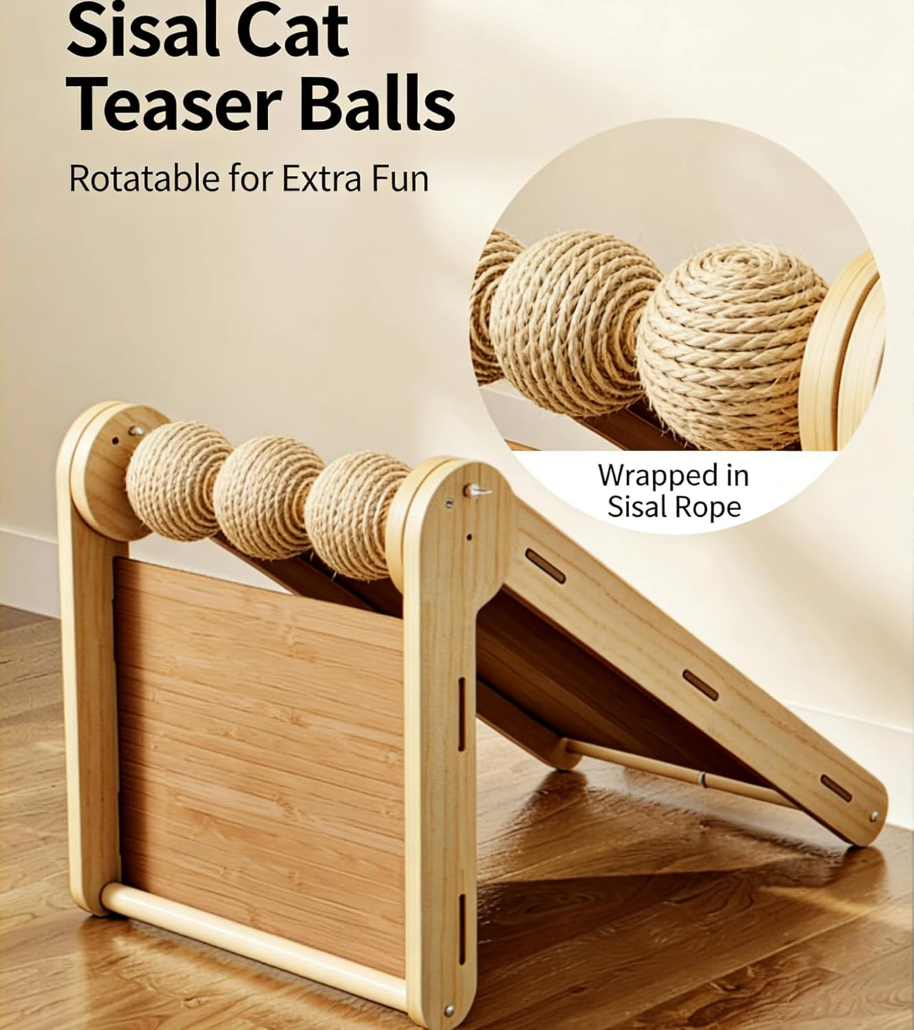 Larger Cat Scratching Board, L-Shaped Wooden Cat Scratcher Ramp for Indoor Cats,Vertical Cat Scratching Post with Rotatable Sisal Balls,Teaser Wand & 2 Chirping Fabric Birds,Sturdy Furniture Protector image number 5