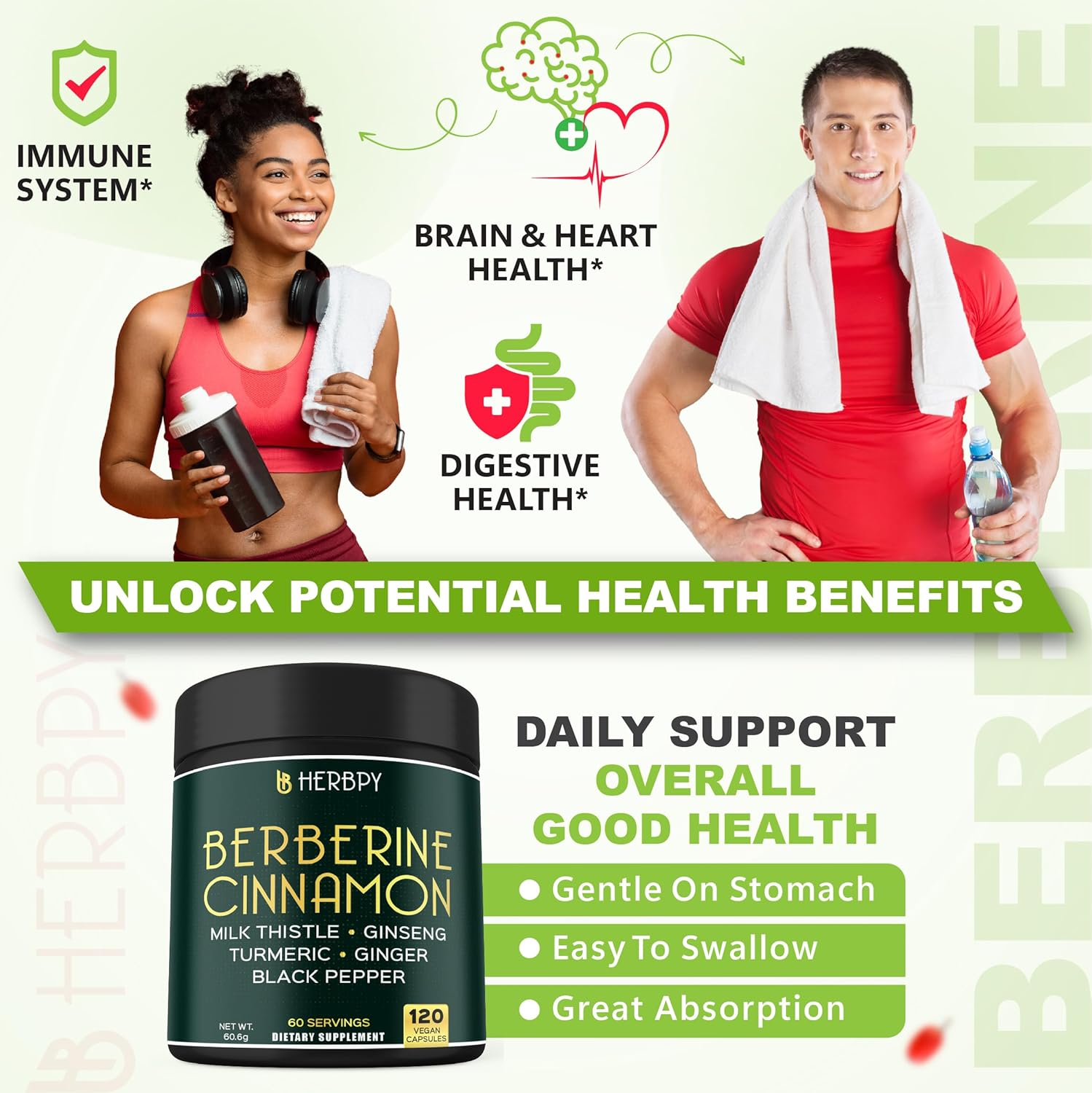 HERBPY 7In1 Premium Berberine Hcl 97% and Ceylon Cinnamon - with Ginseng, Turmeric, Ginger, Milk Thistle & Black Pepper - 120 Vegan Capsules image number 6