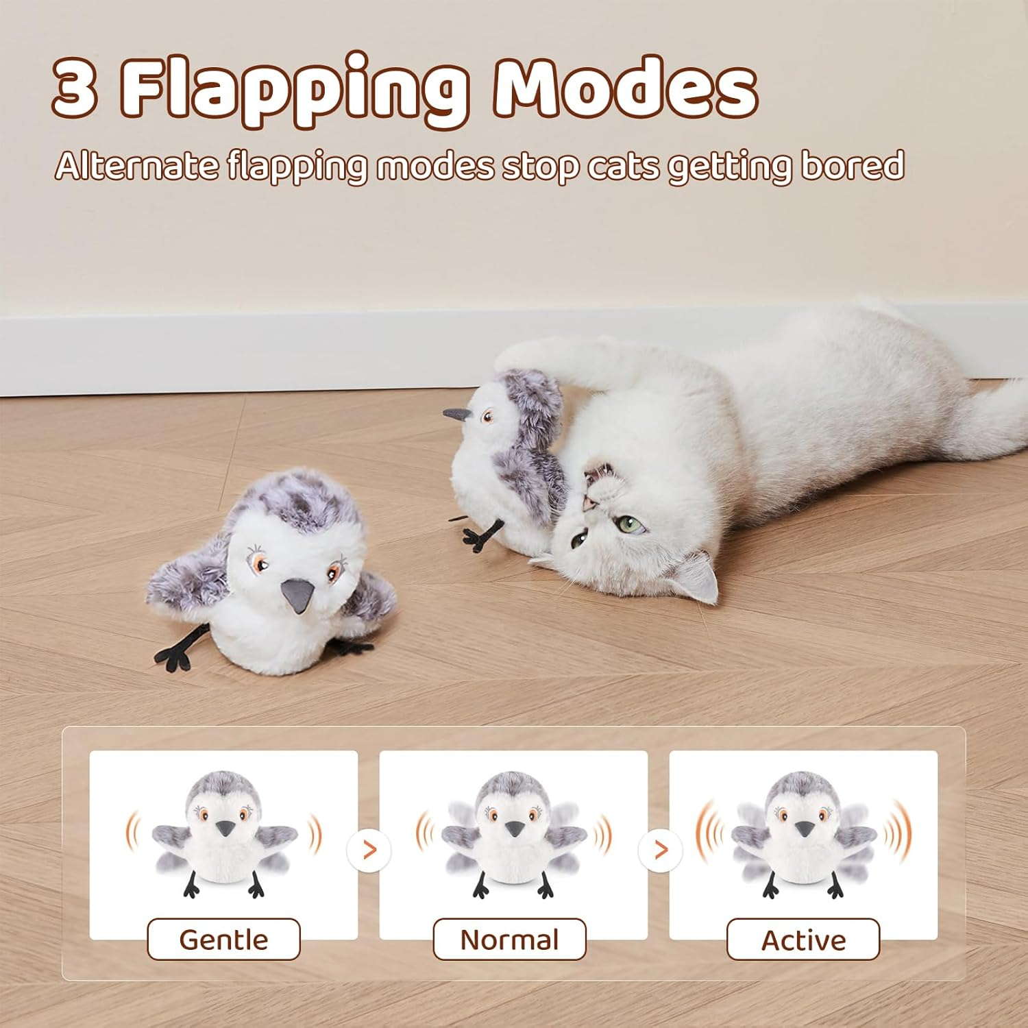 JORAGO Cat Toys - Cats Toy for Indoor Interactive, Flapping Bird, Lifelike Sandpiper Chirp Tweet, Touch Activated, Rechargeable Exercise Chasing Kitten Toy for All Breeds Cat Kicker Catnip Toys image number 2