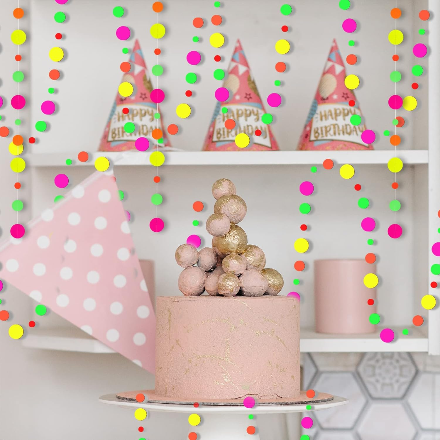 108Feet Paper UV round Dot Neon Garland Blacklight Reactive Glow in the Dark Party Supplies Streamers Glow Fluorescent Hanging Circle Dots Banners for Wedding Birthday Neon Party Decorations - Round Dot image number 6