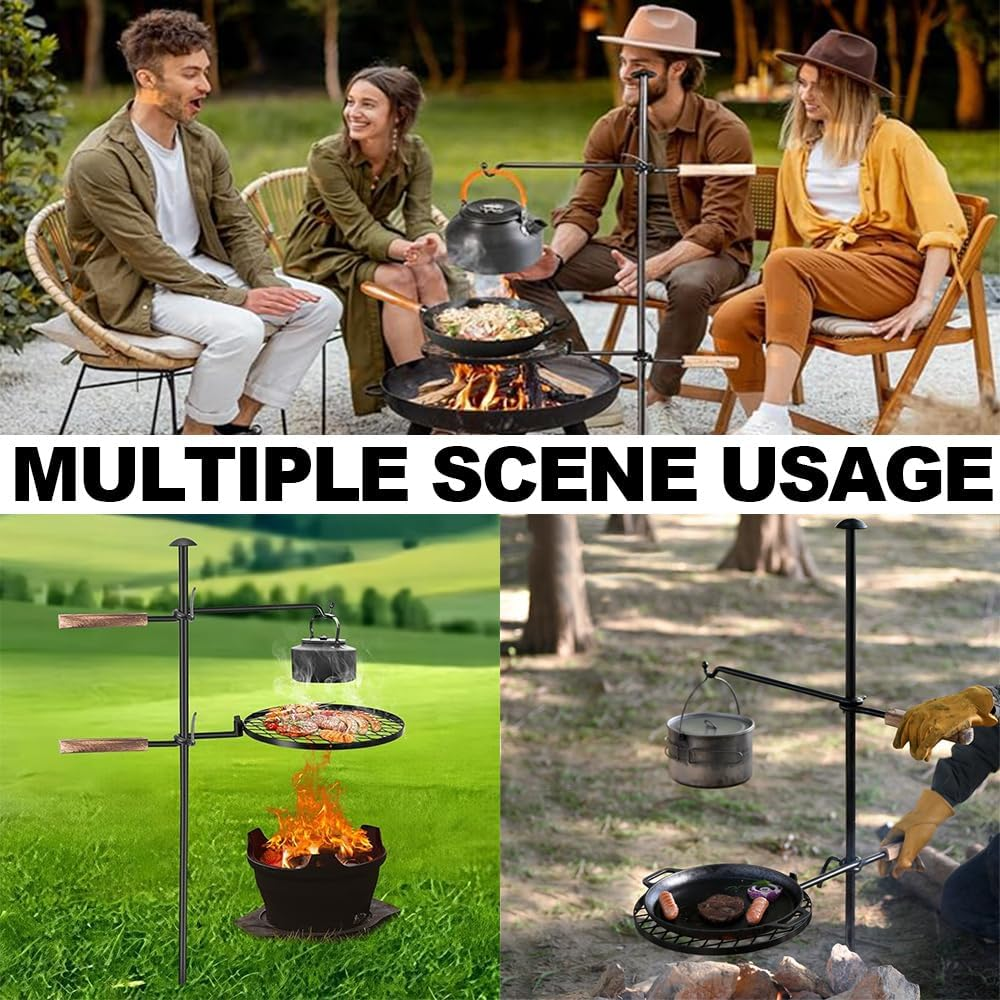 Fire Pit Grill Rack, Portable Fire Pit Grill, Adjustable Rotating Campfire Grill, Open Flame Cooking Equipment, Multifunctional Heavy Duty BBQ Steel Rack for Outdoor Camping, Campfire BBQ