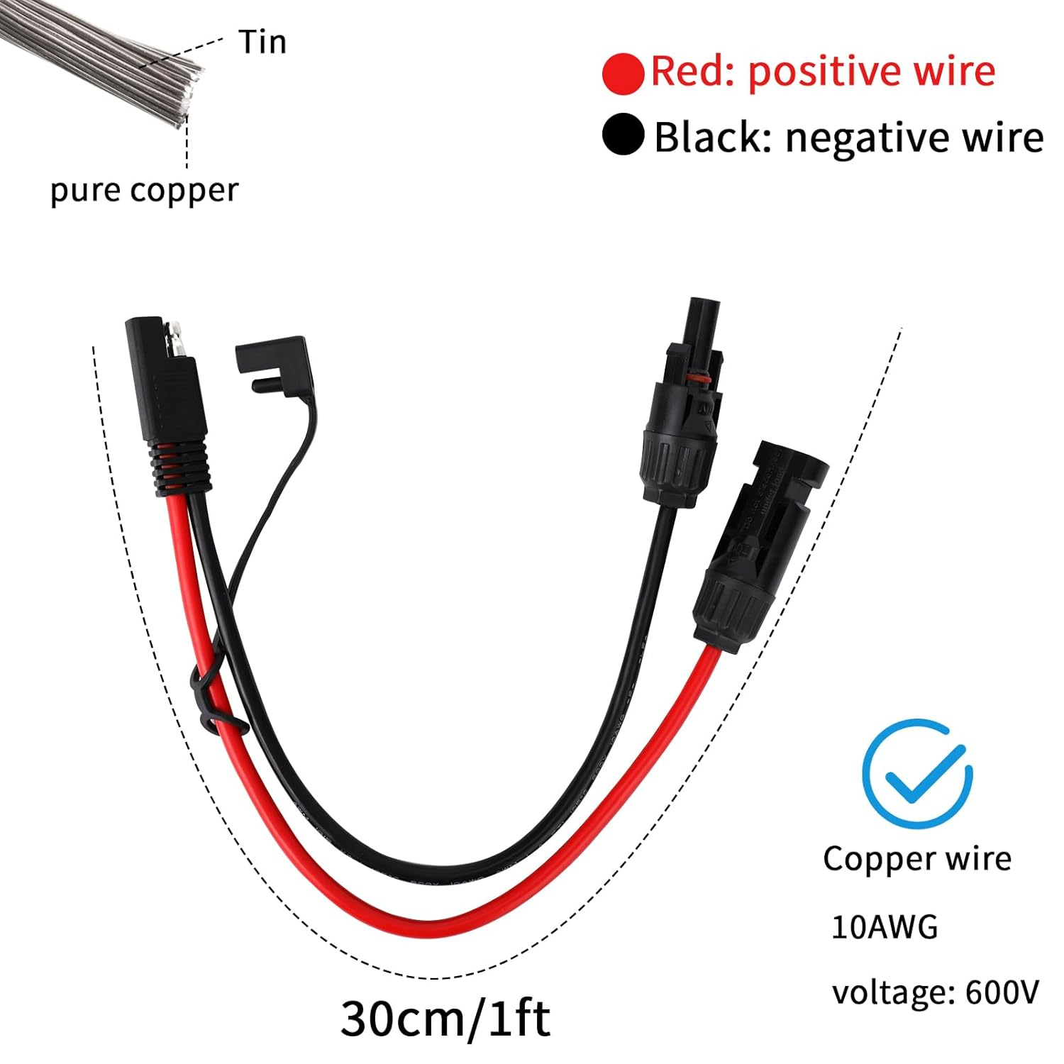 Solar Panel Connector Cable, 30Cm/1Ft Copper Wire SAE Adapter with Polarity Reverser 10AWG 600V Waterproof SAE Extension Cable for Generators Lawn Mowers Battery Chargers image number 5
