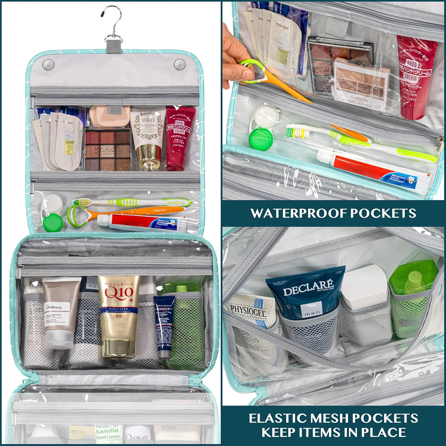 PAVILIA Hanging Toiletry Bag Women Men, Foldable Cosmetic Organizer Travel Bag, Water Resistant Makeup Bag Toiletries, Large Travel Essentials Kit, Teal Chevron, Large, Classic image number 5