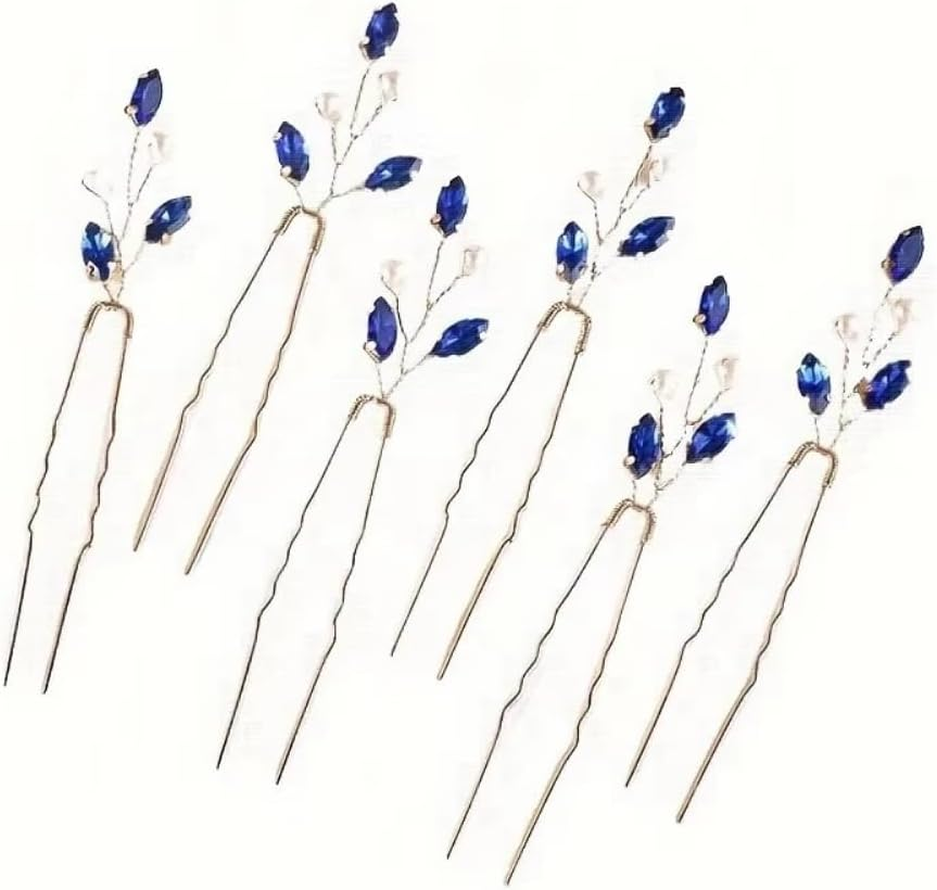 Pack of 6 Women'S Hair Clips Wedding Bridal Hair Accessories Rhinestone Hair Pin U-Shaped Hair Pins Headpiece Hair Clip Women Hair Sticks for Wedding Party Dinner Banquet, Blue
