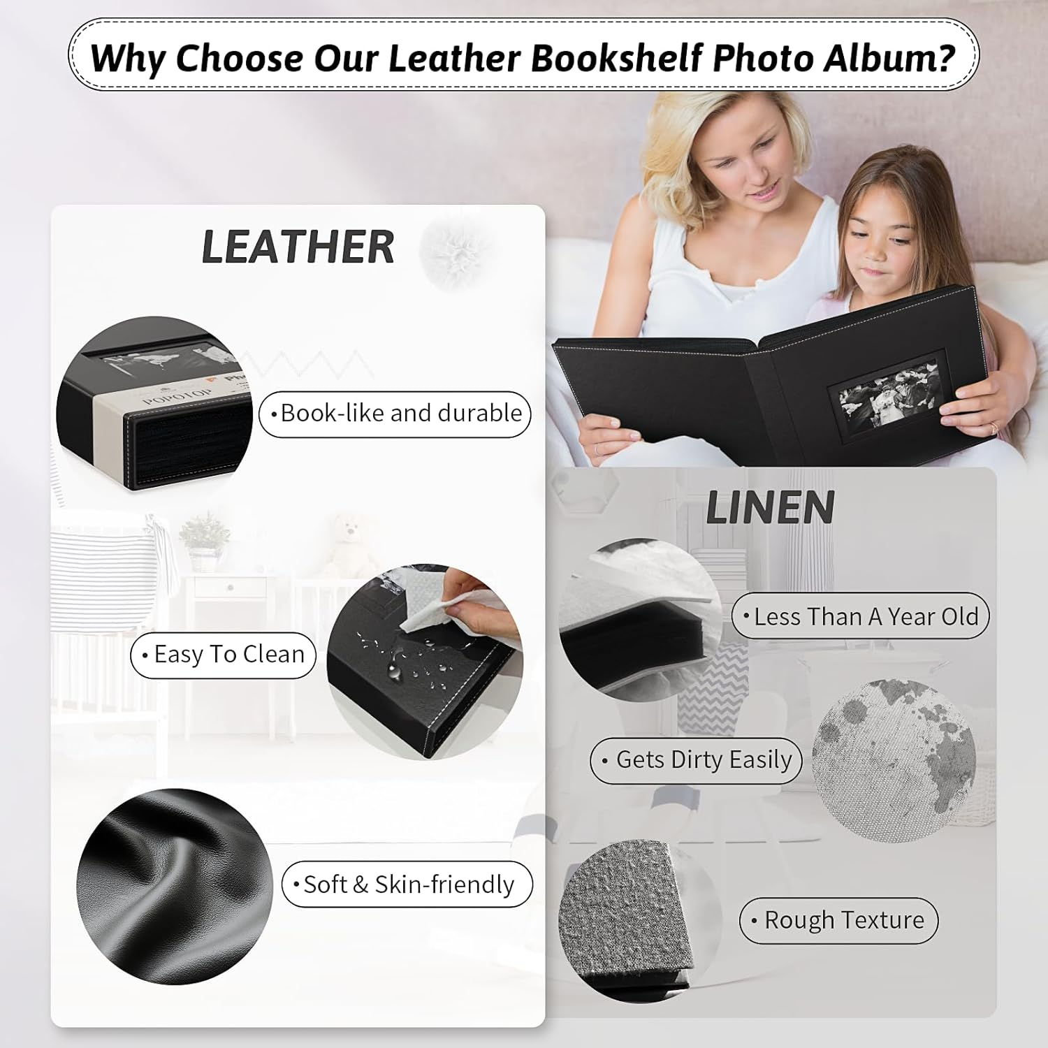 Popotop Photo Album 4X6 300 Pockets with Leather Hardcover Cover, Small Photo Album Holder Book with 50Pcs Pages for Family Travel Wedding Baby Gifts image number 3