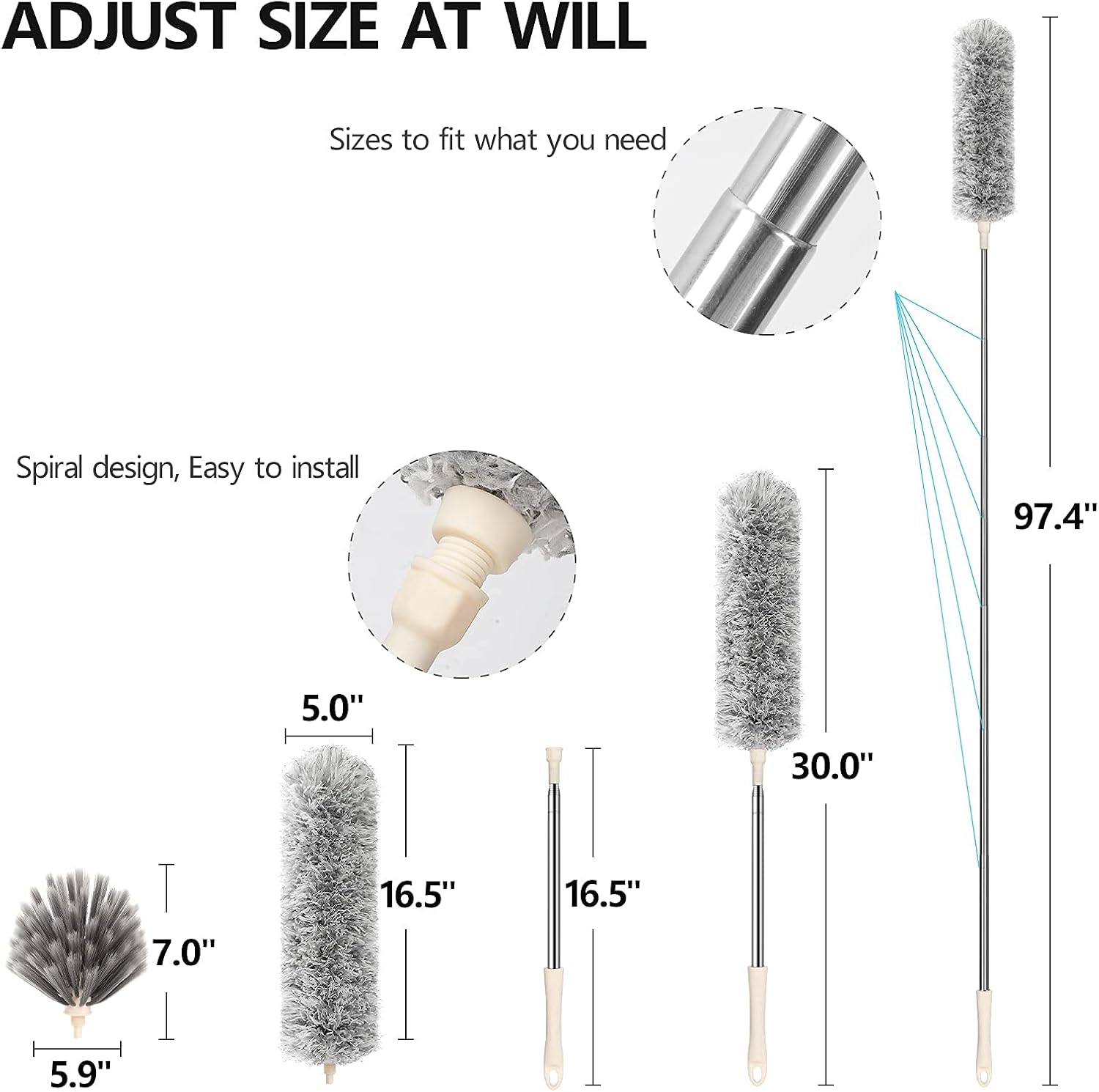 Microfiber Duster, Necomi&reg; with Extension Pole(Stainless Steel) 30 to 100 Inches, Reusable Bendable Dusters, Washable Lightweight Dusters for Cleaning Ceiling Fan (3PCS) image number 1