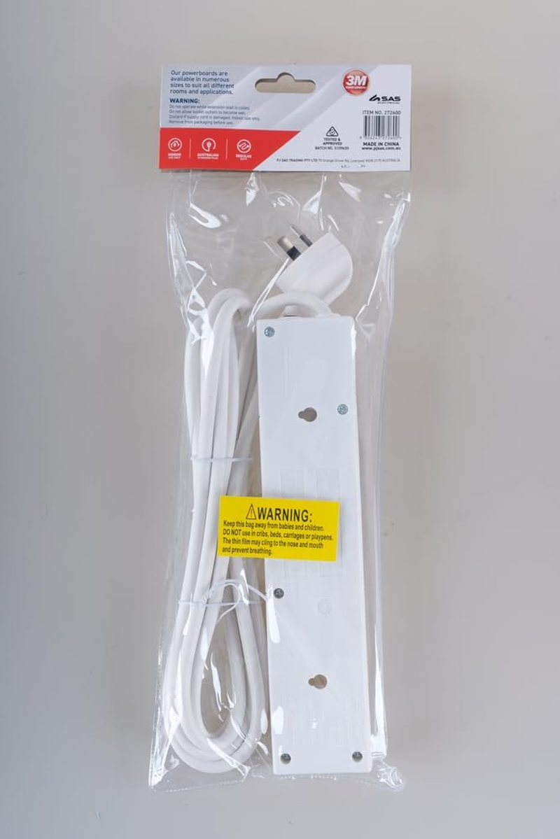 SAS Electrical 240V 10Amp 4 Outlets Power Board with Surge Protection, White, 3 Meter image number 3