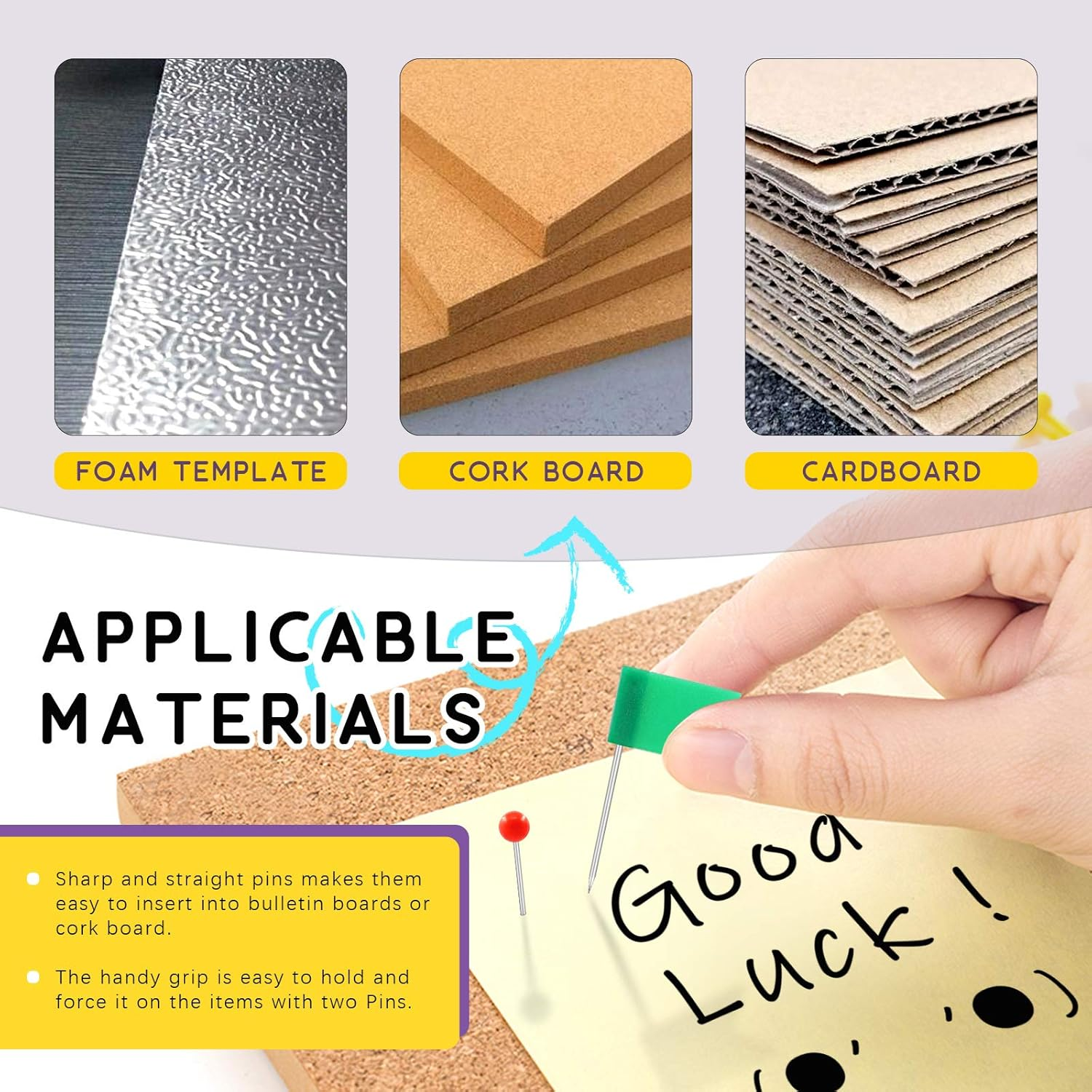 Swpeet 305Pcs 2 Types Colorful Push Pins Tacks with Steel Point Assortment Kit, 1/8 Inch Ball round Head and 7/10 Inch Map Flag Tacks Plastic Marking Pins for Bulletin Board, Fabric Marking image number 4