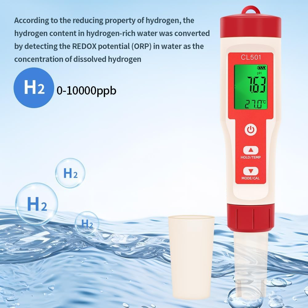 B-Qtech Water Quality Tester, Ph/Cl/Orp/H2/Temp 5 in 1, Chlorine Tester Digital, Portable PH Tester with LCD Display, for Drinking Water, Swimming Pool, Pool, Spa or Laboratory