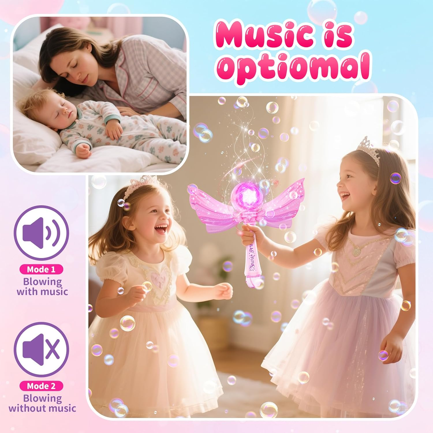 Zynexis Bubble Wands for Kids Girls - LED Light & Music Bubble Machine with 2 Bubble Solutions, Outdoor Party Birthday Toys for Toddlers, 3 4 5 6 7 8 Year Old Girls Gift image number 2