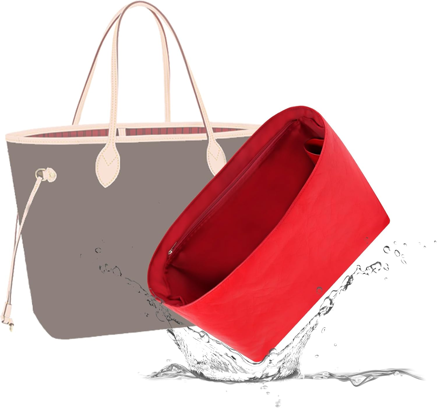 19 Neatthin Lightweight Purse Insert, Waterproof Surface and Silky Satin Lining, Fit for LV Neverfull GM (With Zipper and Bottle Holder, Ruby)