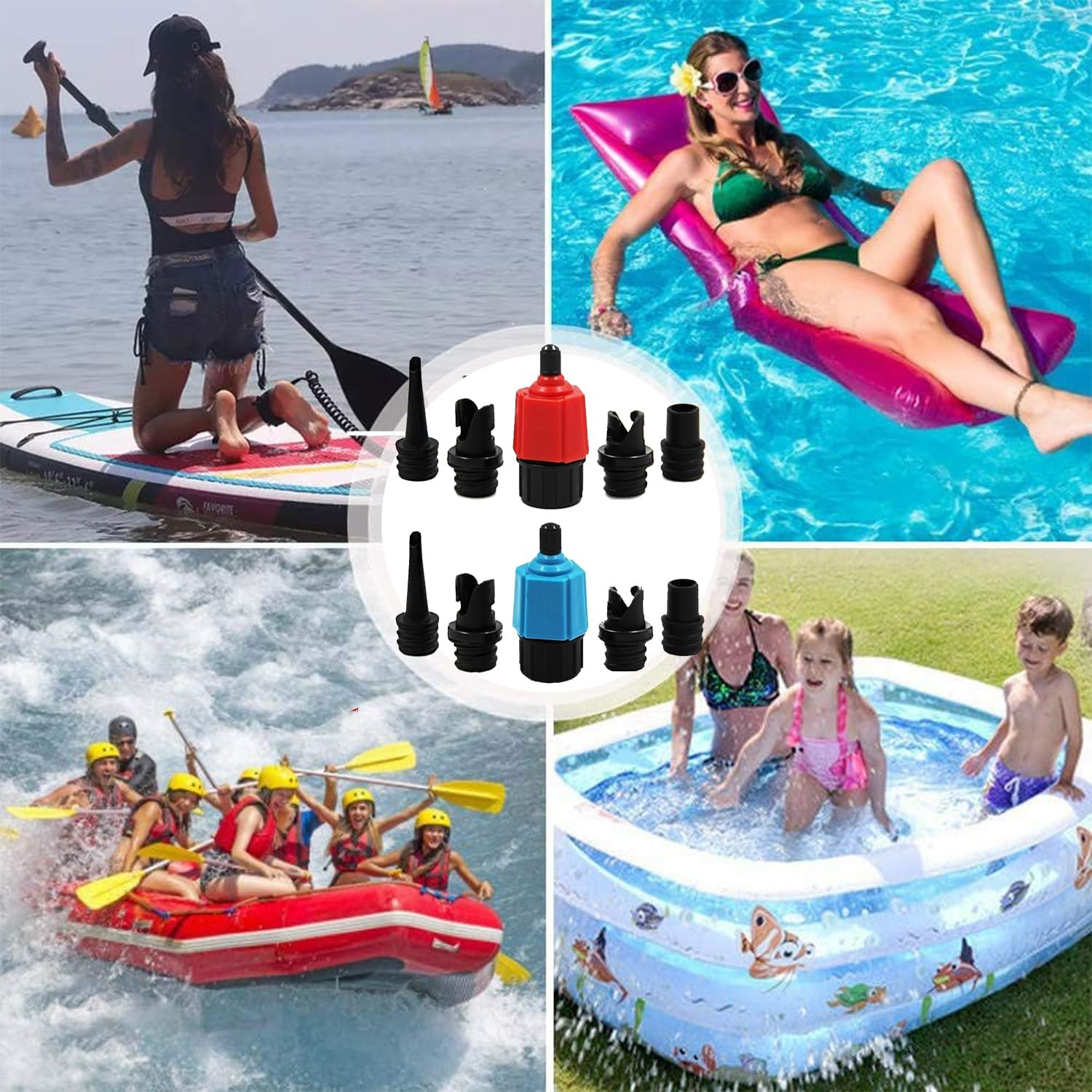 Lyfengdeam Inflatable SUP Pump Adaptor Compressor Paddle Board Pump Adapter, Multifunction SUP Valve Adapter with 4 Air Valve Nozzles for Inflatable Boat, Stand up Paddle Board, Inflatable Bed - Red image number 7