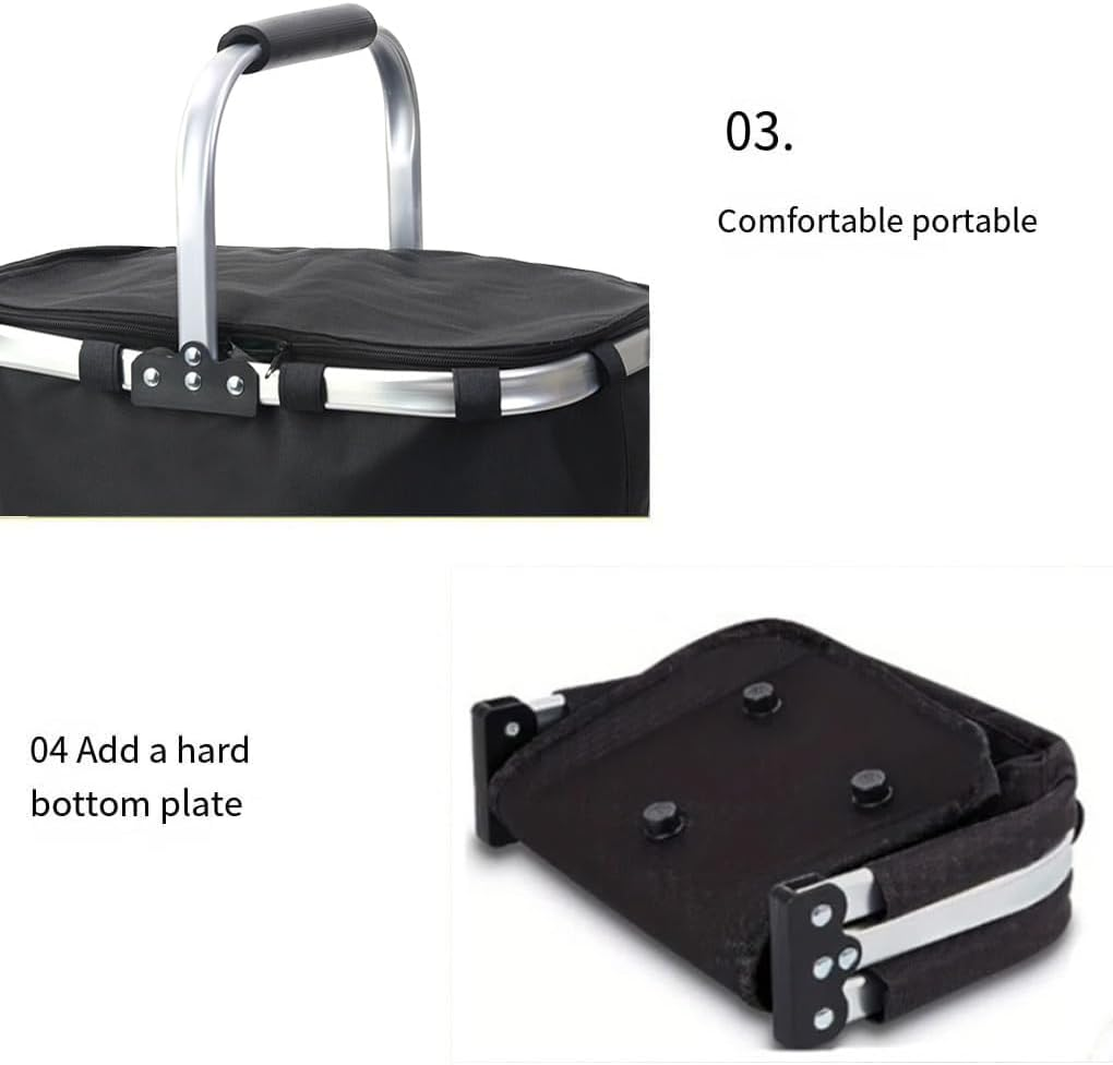 AIMALL Portable Folding Picnic Basket with Aluminium Foil Insulation, 24X39X23Cm Oxford Lunch Cooler Bag for Outdoor Camping, Takeaway, Shopping and Fast Food Storage - Black image number 5