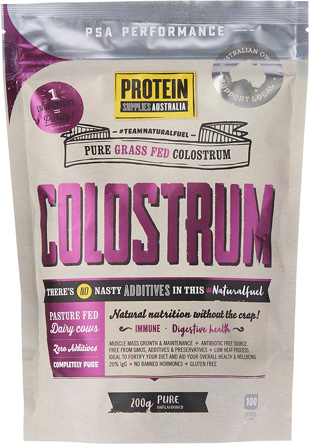 Protein Supplies Australia Pure Grass Fed Colostrum Powder 200 G, Pure, 200 G image number 1