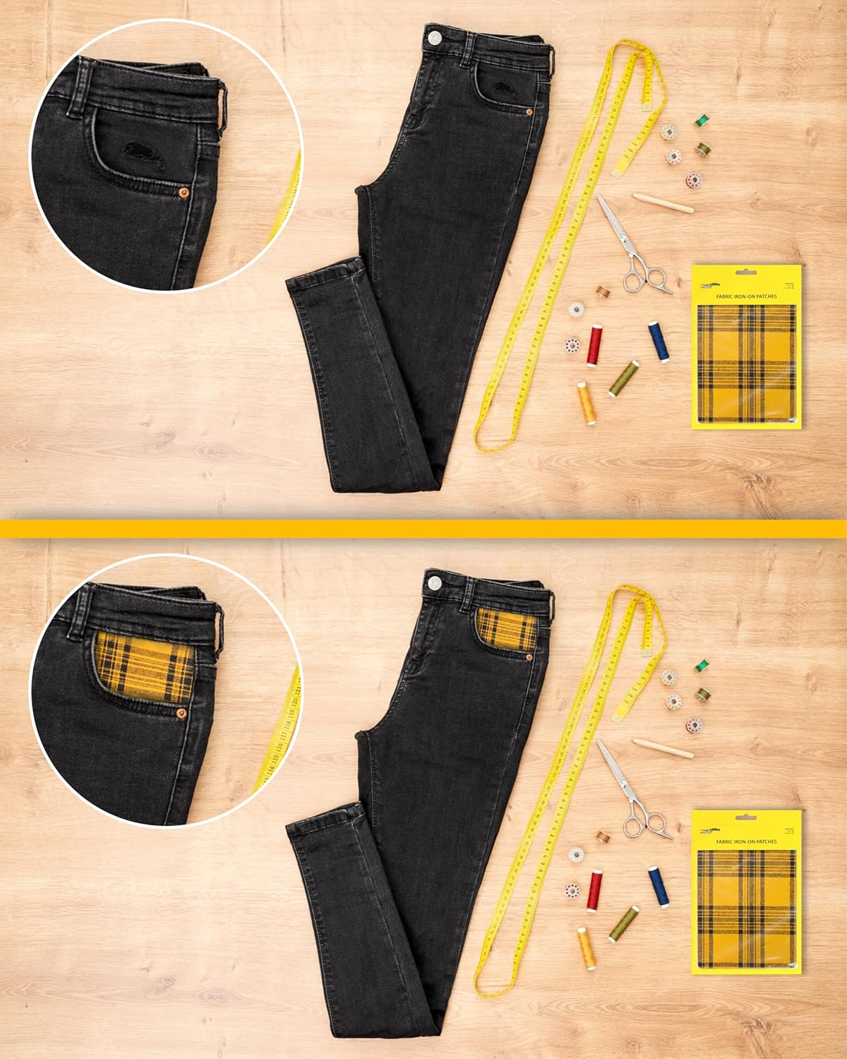 ZEFFFKA Premium Quality Large Plaid Tartan Fabric Iron-On Patches inside & outside Strongest Glue 100% Cotton Repair Decorating Kit Jeans Modern Cool Design 5 Pieces Size 5" by 7" (13 Cm X 18 Cm) image number 1