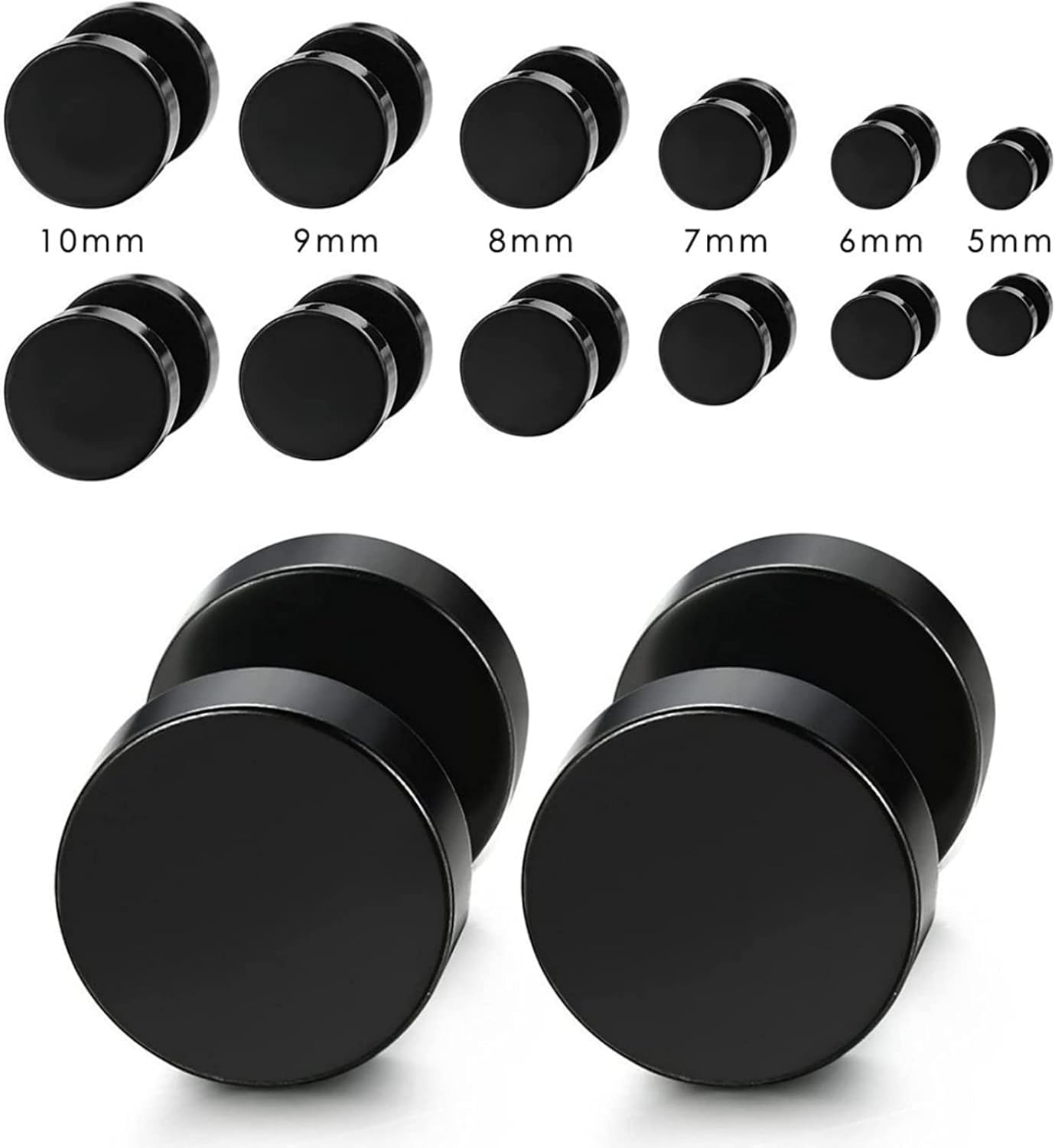 ZALIZR Black Stainless Steel Stud Earrings Set - 6 Pairs 5Mm-10Mm Ear Piercing Plugs, Unisex Flat Top round Studs for Men, Women, Girls. image number 6