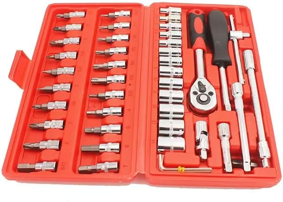 46 Pcs 1/4Small Drive Socket Ratchet Wrench Screwdriver Set,Handle Ratchet Wrench Set, with Storage Case, Includes Metric Bit Socket Set and Extension Bar for Auto Repair and Home Maintenance