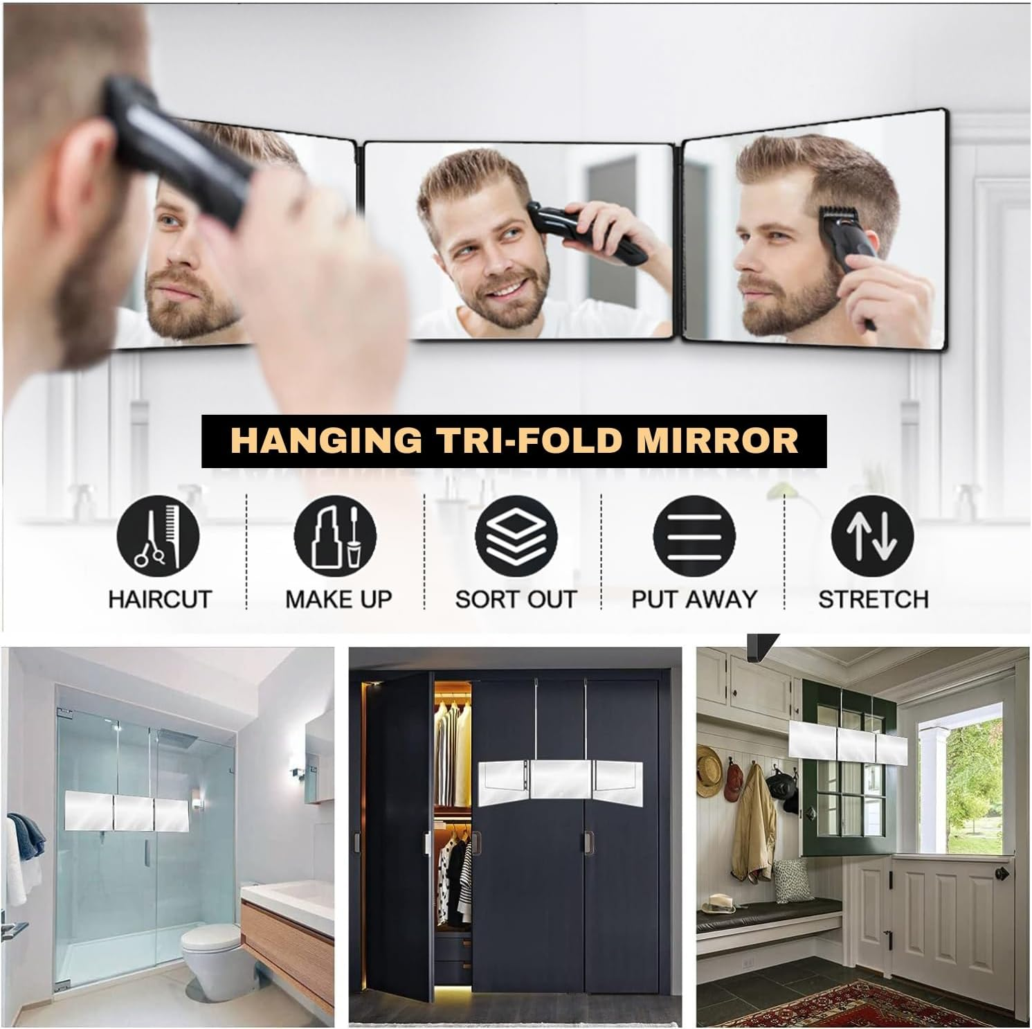 Armour Fit 3 Way Mirror, 360&deg; Adjustable & Foldable Mirror, Portable Trifold Mirror with Height Adjustable Hooks for Hair Styling, Cutting, Colouring, Makeup & Shaving image number 3