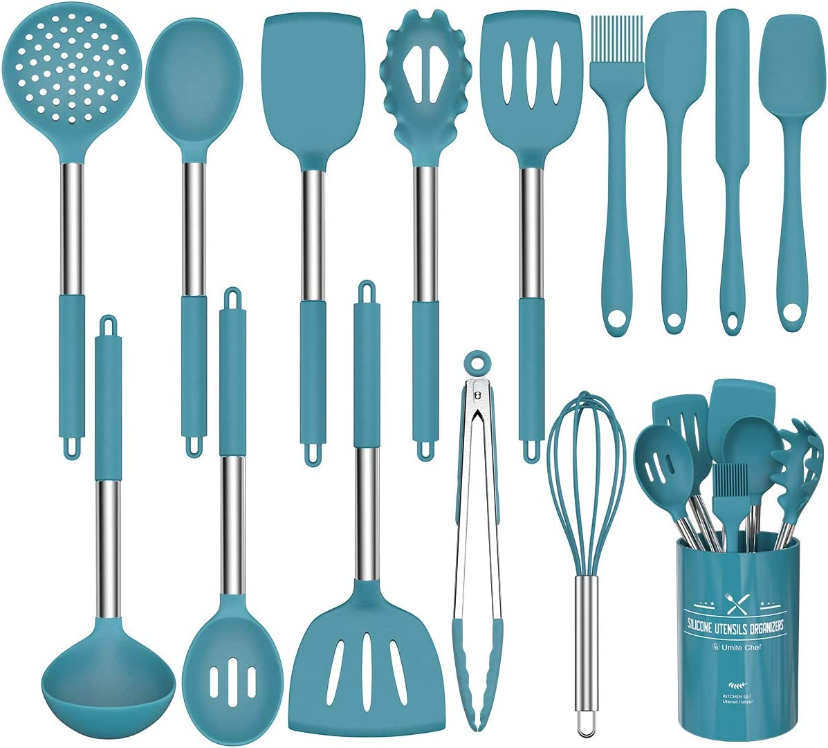 15 Pcs Silicone Cooking Utensils Kitchen Utensil Set - Umite Chef 446&deg;F Heat Resistant Stainless Steel Handles Kitchen Gadgets Tools Set for Nonstick Cookware(Blue)