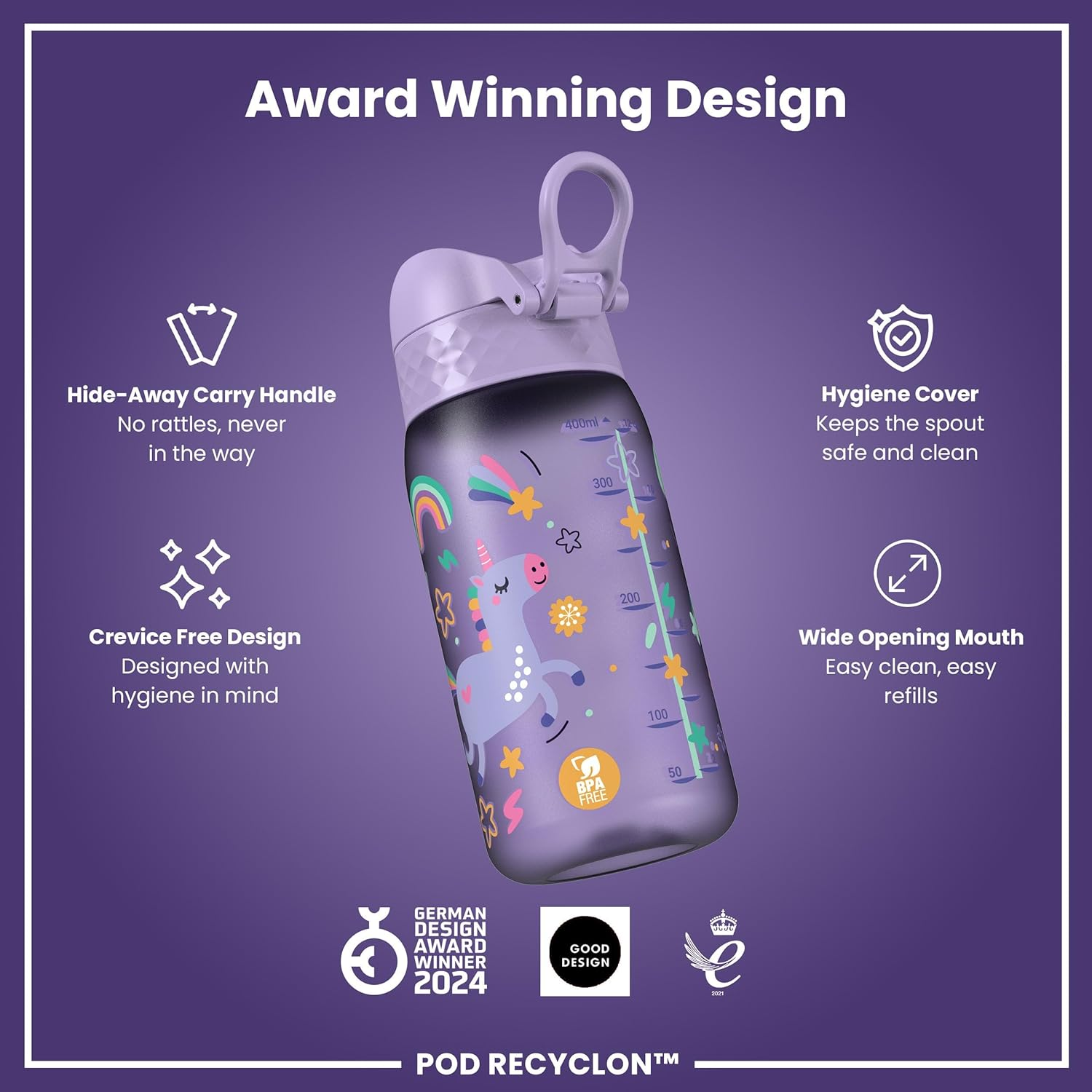 Ion8 Children'S Water Bottle, 350 Ml, Leak-Proof, One-Handed Opening, Secure Locking, Dishwasher Safe, Bpa-Free, Carry Handle, Folding Lid, Easy to Clean, Climate Neutral, Light Purple Unicorns image number 2