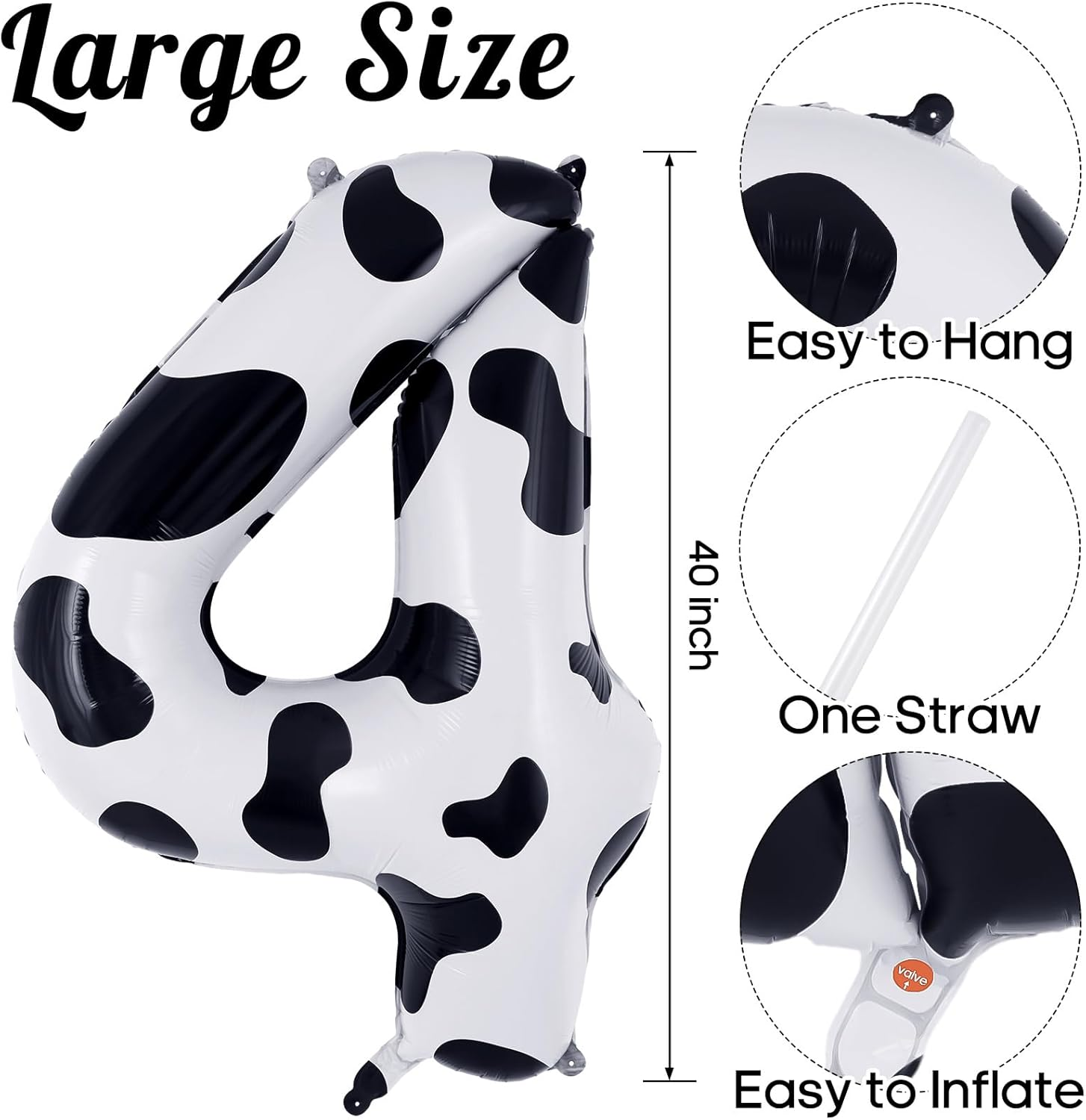 Cow Print Number 4 Balloon, Large 40 Inch Cow Number Birthday Balloons, Foil Mylar Number 4 Balloons for 4 Year Old Birthday Party Decorations Supplies Animal Farm Cowboy Cowgirl Themed Party image number 2