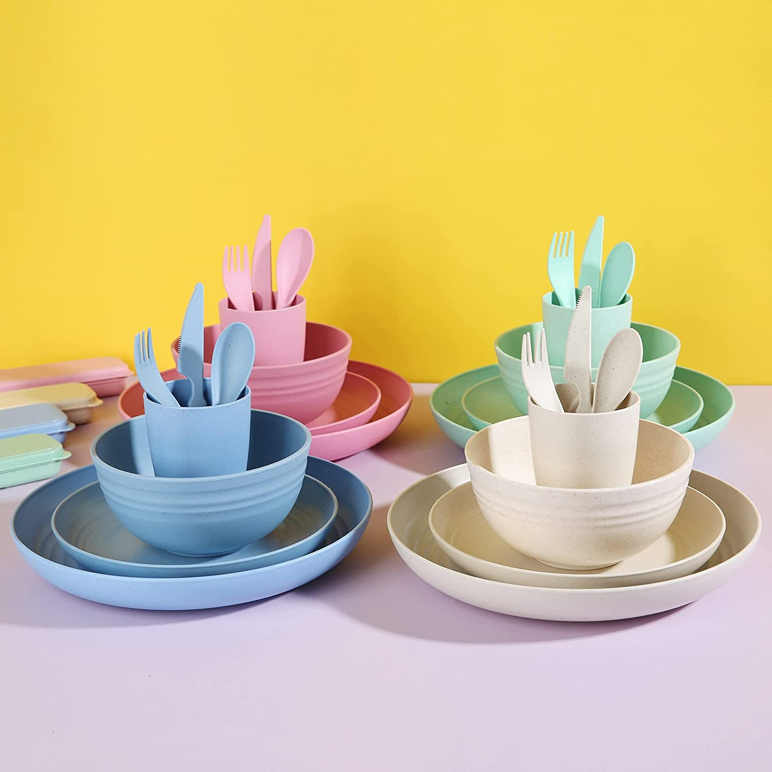 Wheat Straw Dinnerware Sets for 4 - Lightweight & Unbreakable Dishes - Microwave & Dishwasher Safe - Perfect for Camping, Picnic, RV, Dorm - Plates, Cups and Bowls - Great for Kids & Adults Brittany