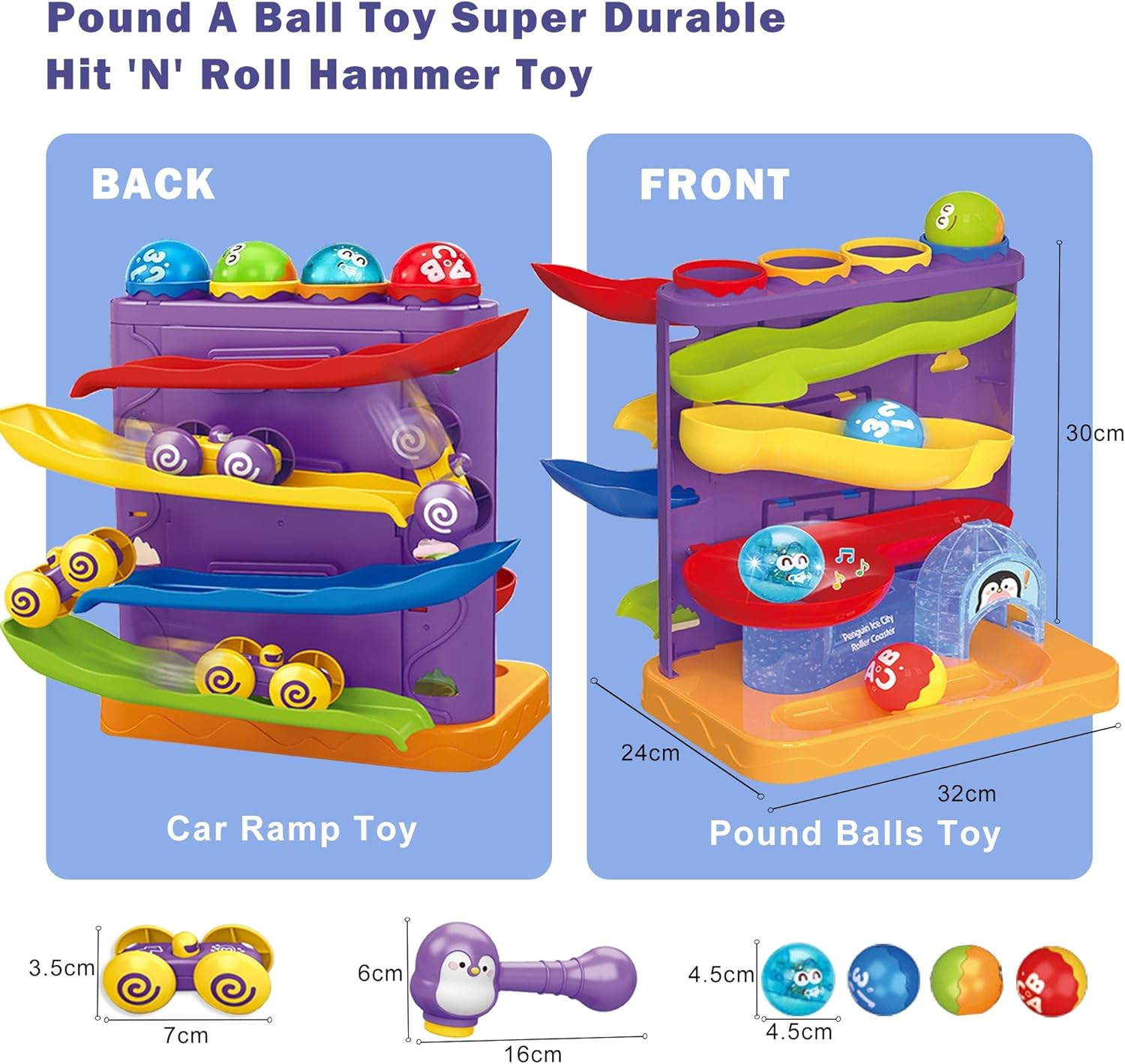 Pound a Ball Montessori Toys for Toddler, 3 in 1 Baby Toys Included 1 Hammer,4 Balls＆1 Random Color Car,Fine Motor Interactive Toy for Boys＆Girls 1 2 3 Year Old, Early Learning Educational Gift