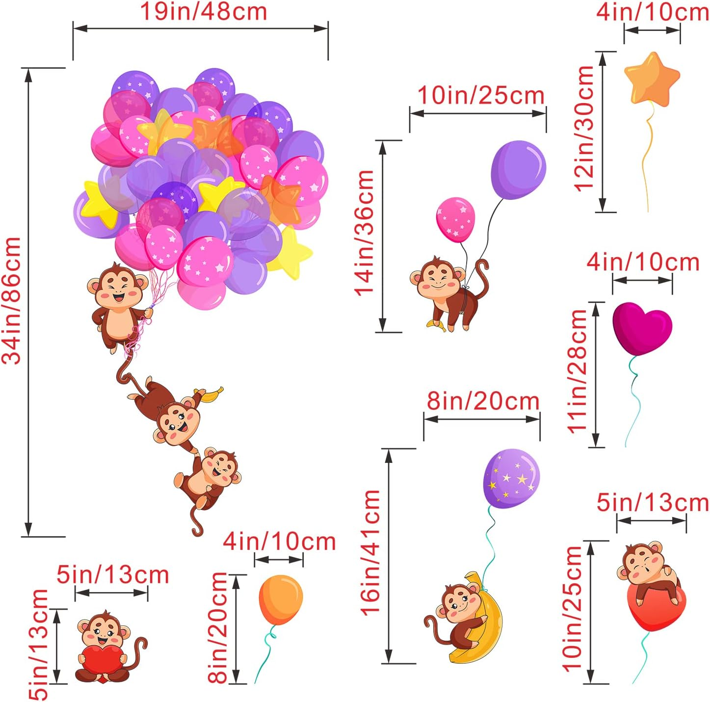 Anfigure Colorful Animal Monkey Balloon Wall Stickers for Kids Room Baby Room Wall Decals Nursery Playroom Children Bedroom Monkey Removable Wall Art Decor Mural Vinyl Peel and Stick Decorations image number 4