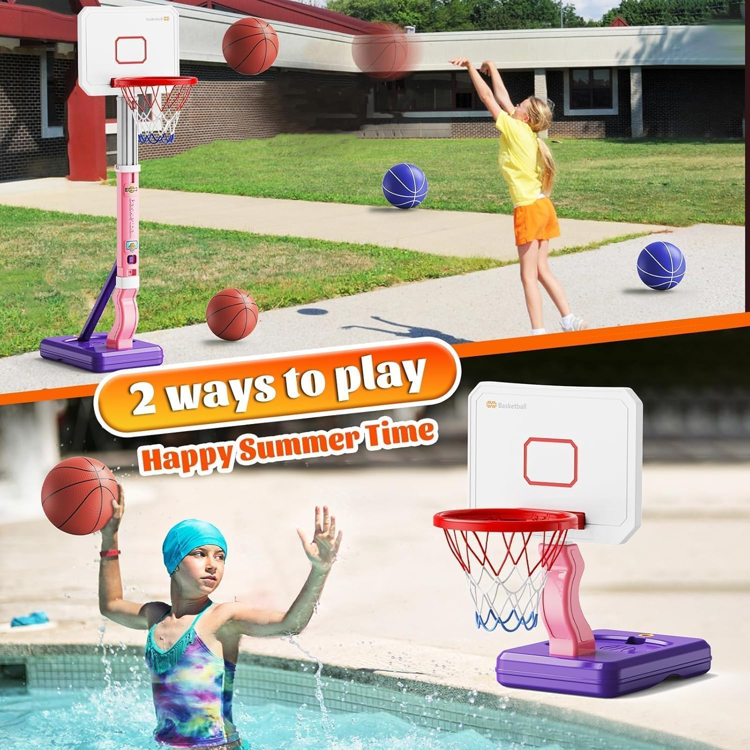 Toddler Basketball Hoop, Pool Basketball Hoop for Kids 2-8, Height Adjustable Indoor Outdoor Mini Basketball Hoop with 4 Balls, Basketball Toys Gifts for 2 3 4 5 6 7 8 Years Old Boys Girls - Blue image number 5