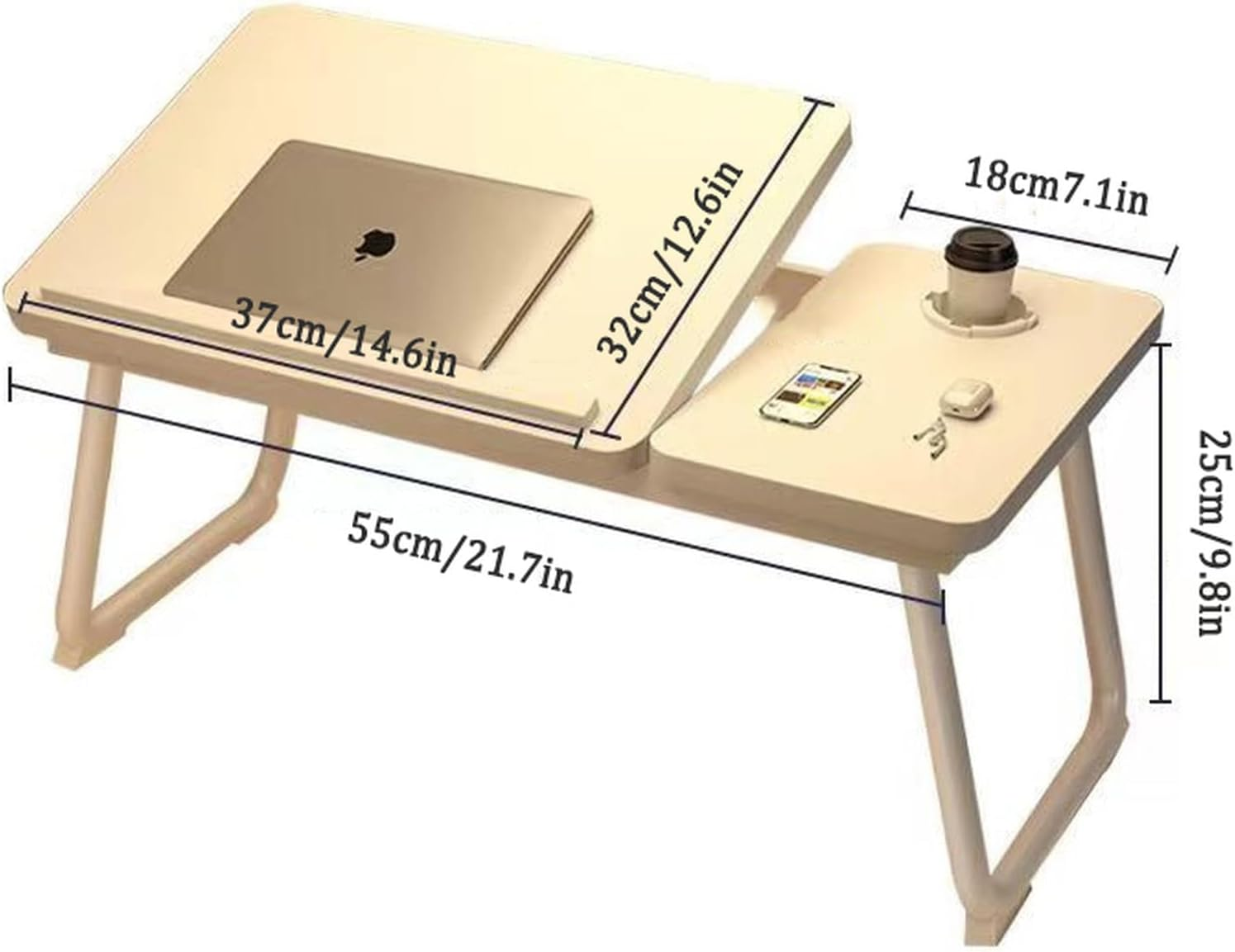 Hbluefat Folding Laptop Desk, 21.5 Inches Wood Breakfast Serving Bed Couch Tray with Adjustable Tilting Top and Cup Holder, Portable Lap Stand for Reading Writing Eating (Walnut) - White image number 2