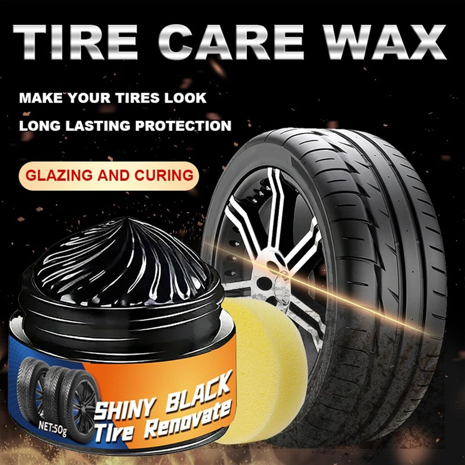 JIEBWCHA Car Tire Shine - Tyre Dressing Rim Care Wax | 50G Sponge Included Automotive Maintenance Restorer for Caravan Truck Garage Commuting Road Trip Minivan image number 6