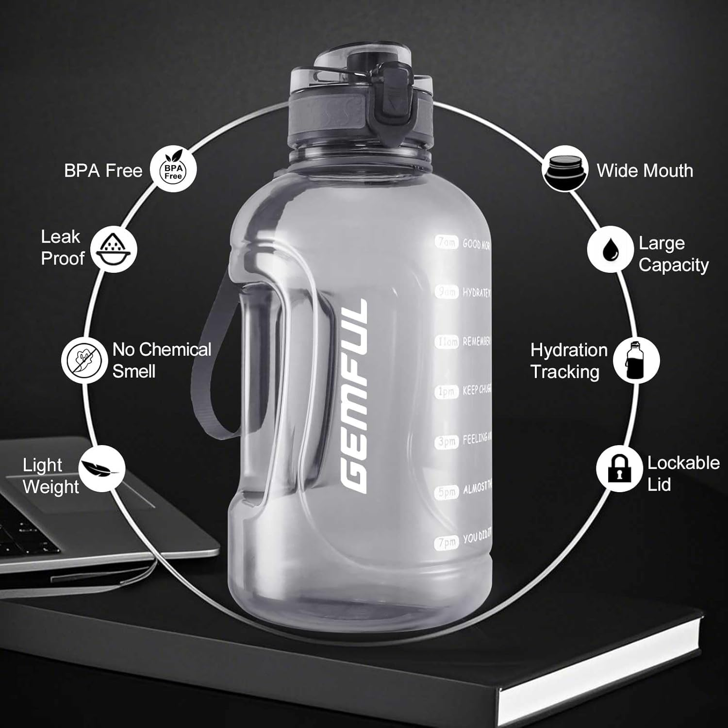GEMFUL 64Oz Motivational Gallon Water Bottle Time Marked No Leak Water Jug Wide Mouth Leakproof BPA Free for Gym Sports Camping Fitness 2000Ml (Grey) - Grey image number 6