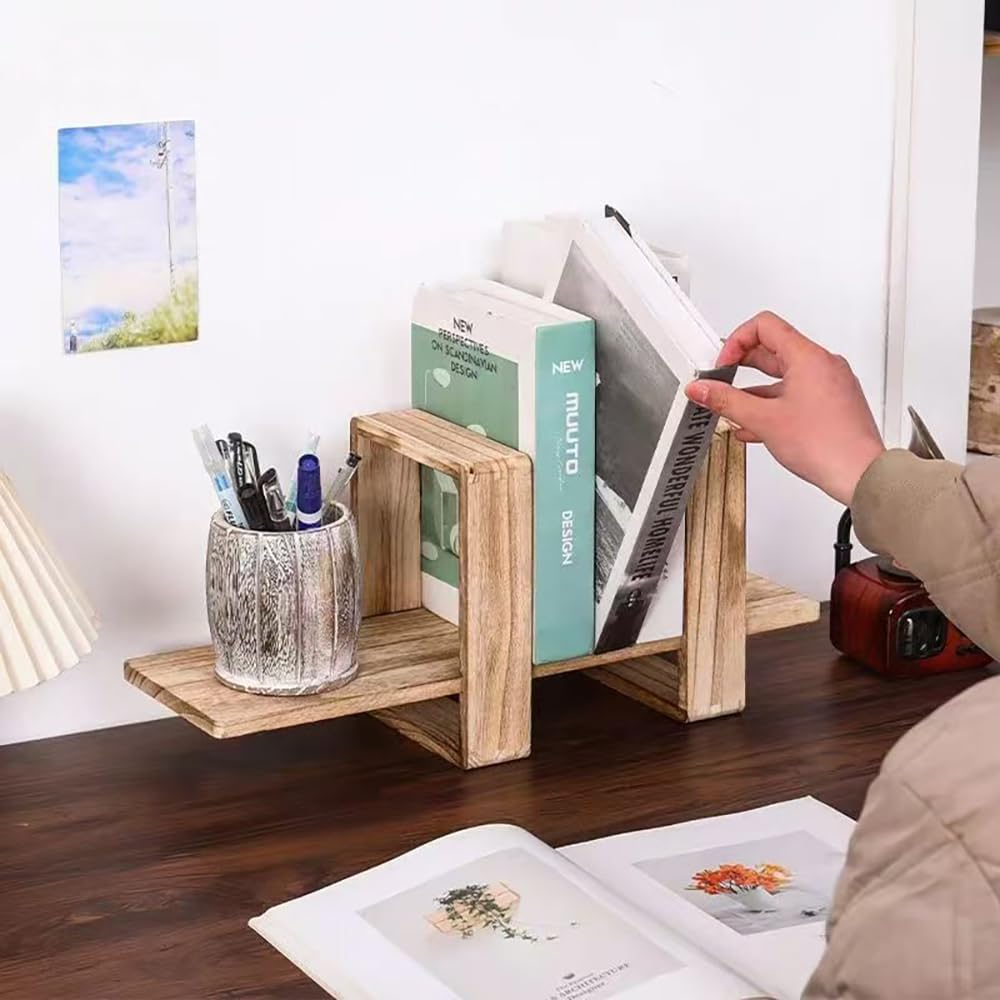 Hbluefat Adjustable Desktop Bookshelf, Retro Small Wood Tabletop Bookbookcase, Home Office Desk Orgnizer Shelf for Magazine, Books, Cds (Wood)