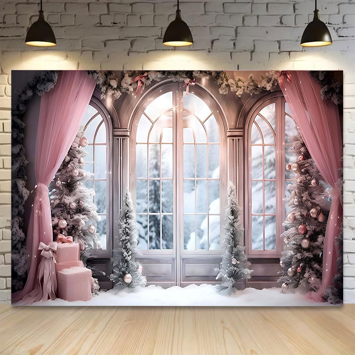 Pink Curtain Winter Xmas Photo Background Christmas Winter Snow Forest Window Photography Background Family Holiday Party Decorations Baby Shower 1St Birthday Backdrop,7X5Ft image number 4